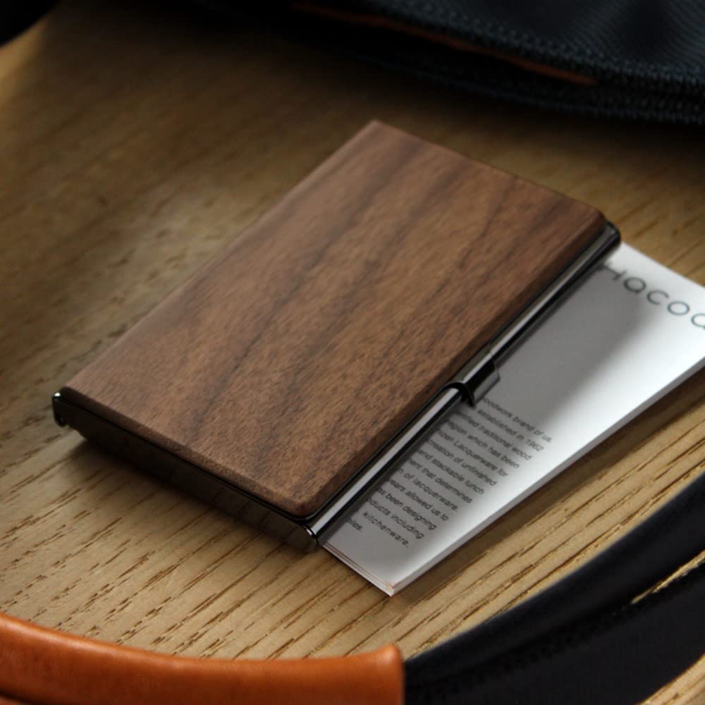 Premium Stainless Steel Business Card Holder with Walnut Wood Accent - Elegant & Durable Metal Card Case for Professional Networking, Corporate Gifts, and Business Meetings
