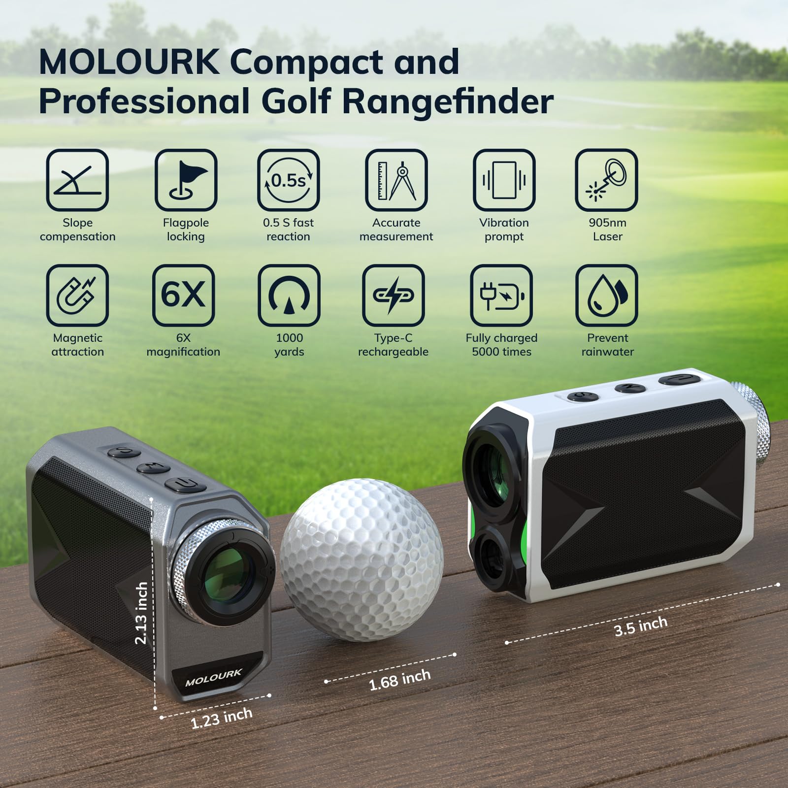 Mini Golf Rangefinder with Slope & Flag Lock - 1000 Yard High Precision Laser Distance Measurer | 6X Magnification, Magnetic Strip, Rechargeable | Tournament Legal Golf Accessory for Course Play & Practice