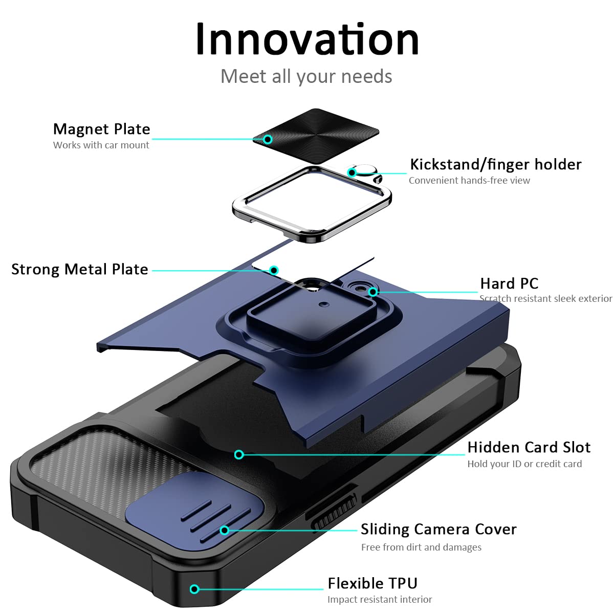 NOLLNOE Heavy Duty Protective iPhone 14 Case with Sliding Camera Cover, Card Holder & Magnetic Kickstand - Shockproof Anti-Scratch Phone Cover for iPhone 14 6.1 inch (Blue) | Perfect for Outdoor Activities, Travel & Daily Use