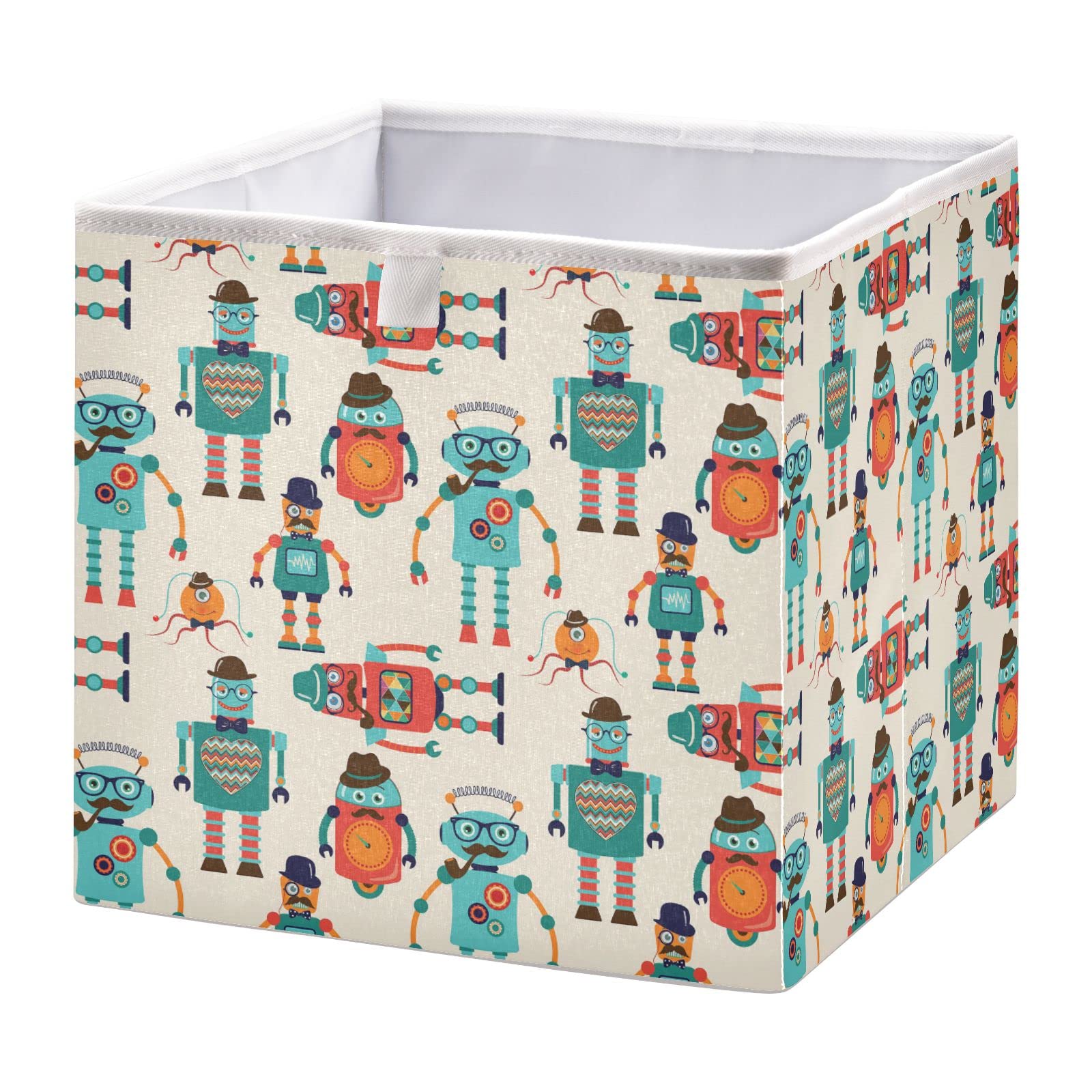 Vintage Cartoon Hipster Robots Foldable Storage Bins - Collapsible Fabric Cube Organizer with Handles for Toys, Nursery, Closet & Shelves | Space-Saving Home Organization Solution for Kids' Rooms, Playrooms & Dorm Storage