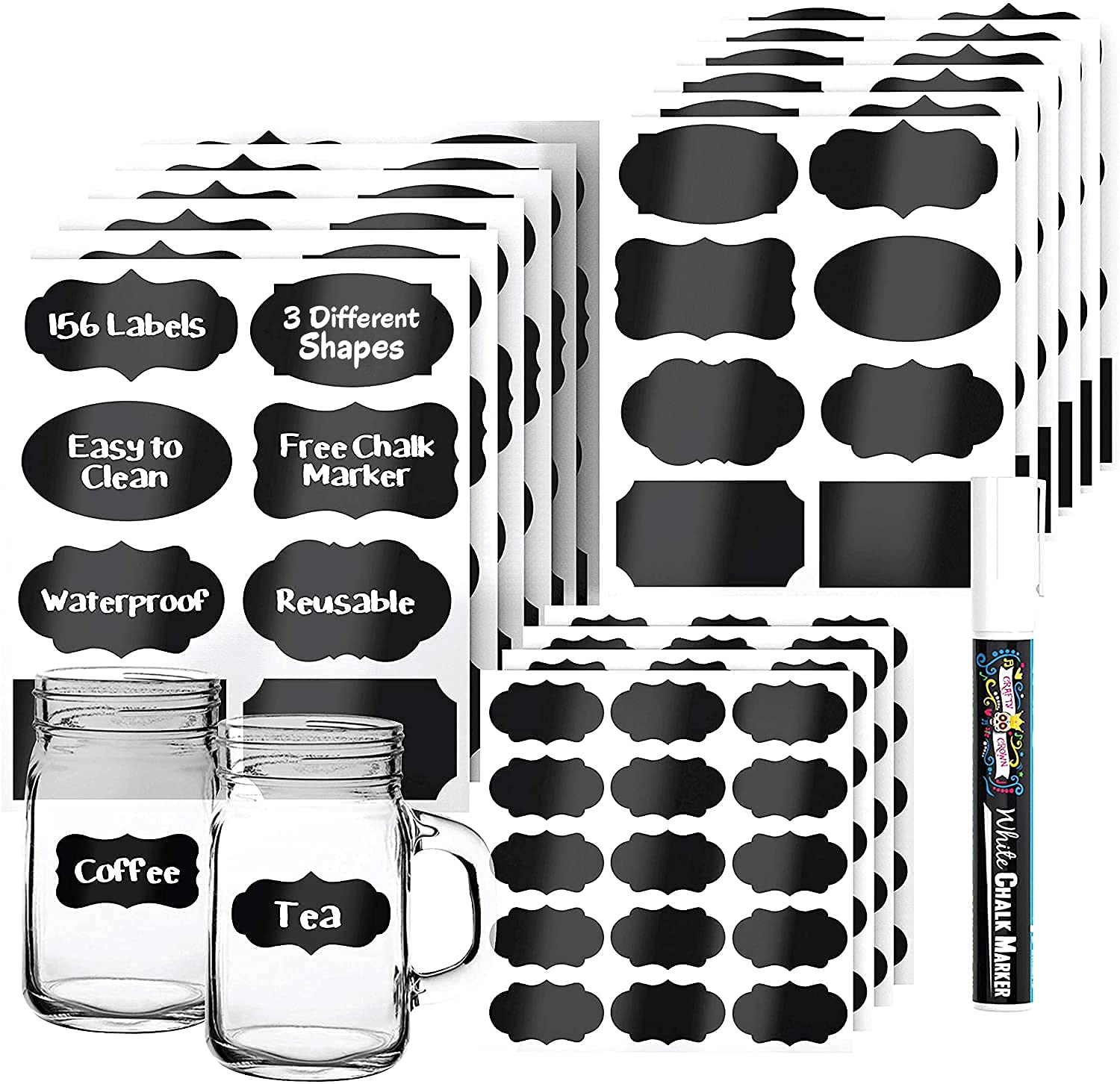 Premium 156-Pack Chalkboard Labels with Erasable White Chalk Marker - Removable Blackboard Stickers for Mason Jars, Containers & Organizing (3 Sizes) - Perfect for Pantry, Kitchen & DIY Craft Projects