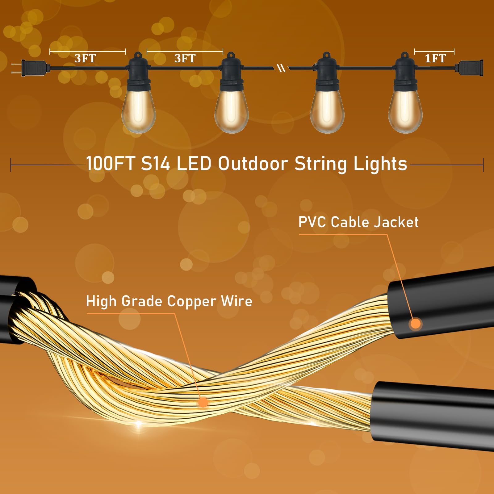35 LED 100FT Outdoor Patio String Lights - UL Certified Waterproof Hanging Lights with 2 Spare Bulbs, Commercial Grade Black Wire for Backyard, Garden, Wedding & Party Decorations