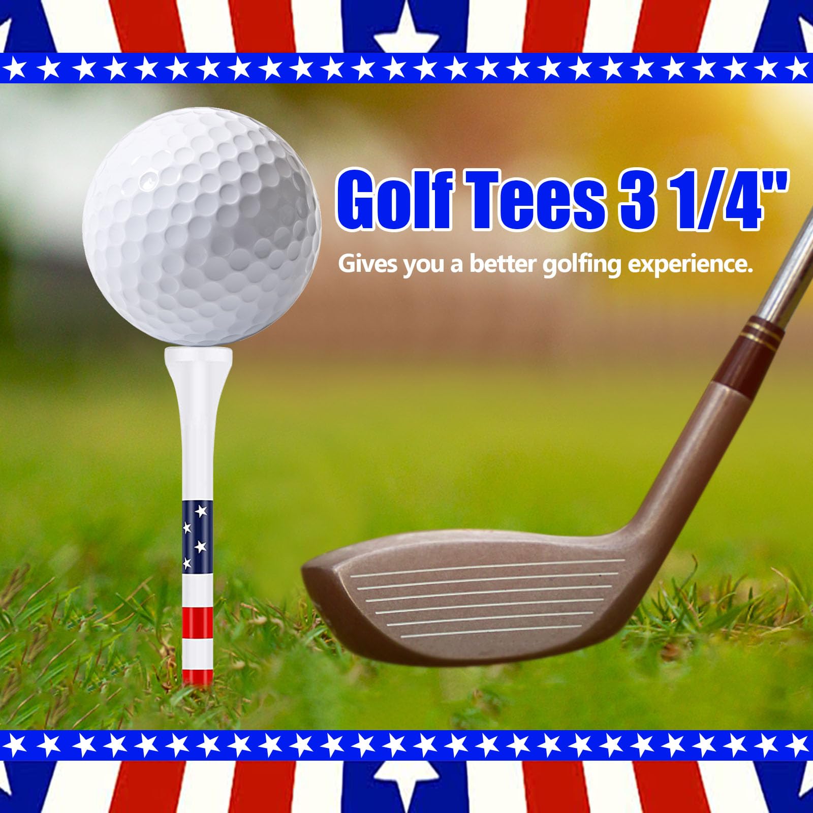 100 Pack 3-1/4 Inch Bamboo Golf Tees - Unbreakable USA Flag Design Wooden Tees for Men & Women - Perfect for Driving Range, Tournament Play & Backyard Practice