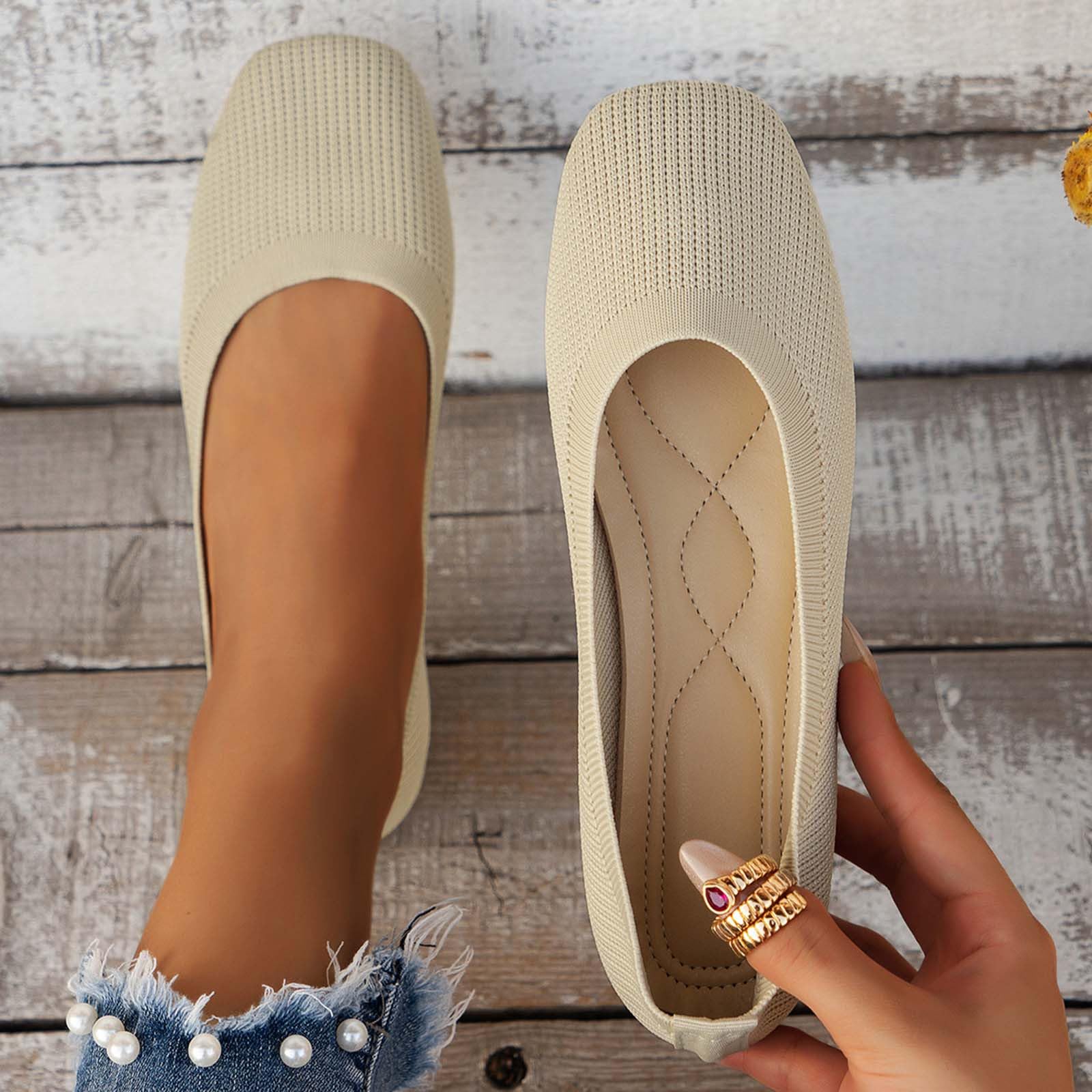 Women's Breathable Mesh Knit Ballet Flats - Square Toe Flat Sole Casual Shoes for Work, Walking & Daily Wear | Comfortable Slip-On Solid Color Shallow Mouth Design