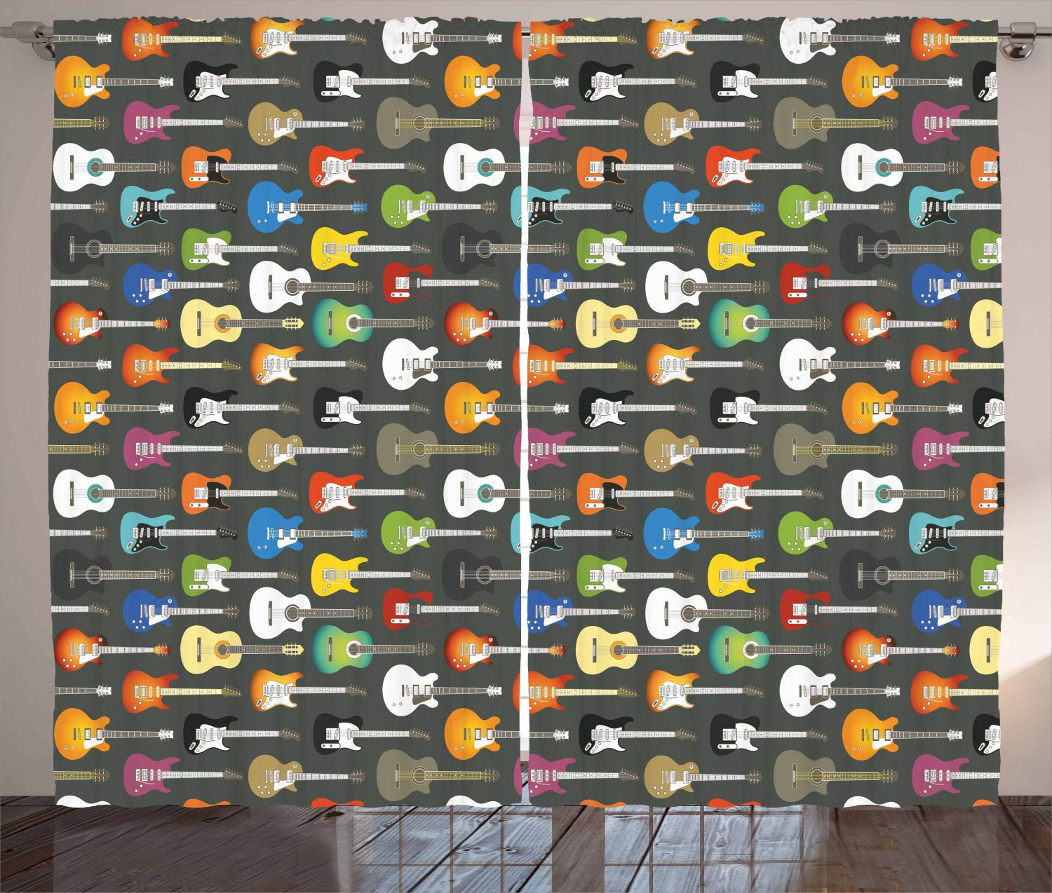 Ambesonne Guitar Print Blackout Curtains - Grunge Music Theme with Digital Acoustic Instrument Design, 2 Panel Set for Living Room & Bedroom (108