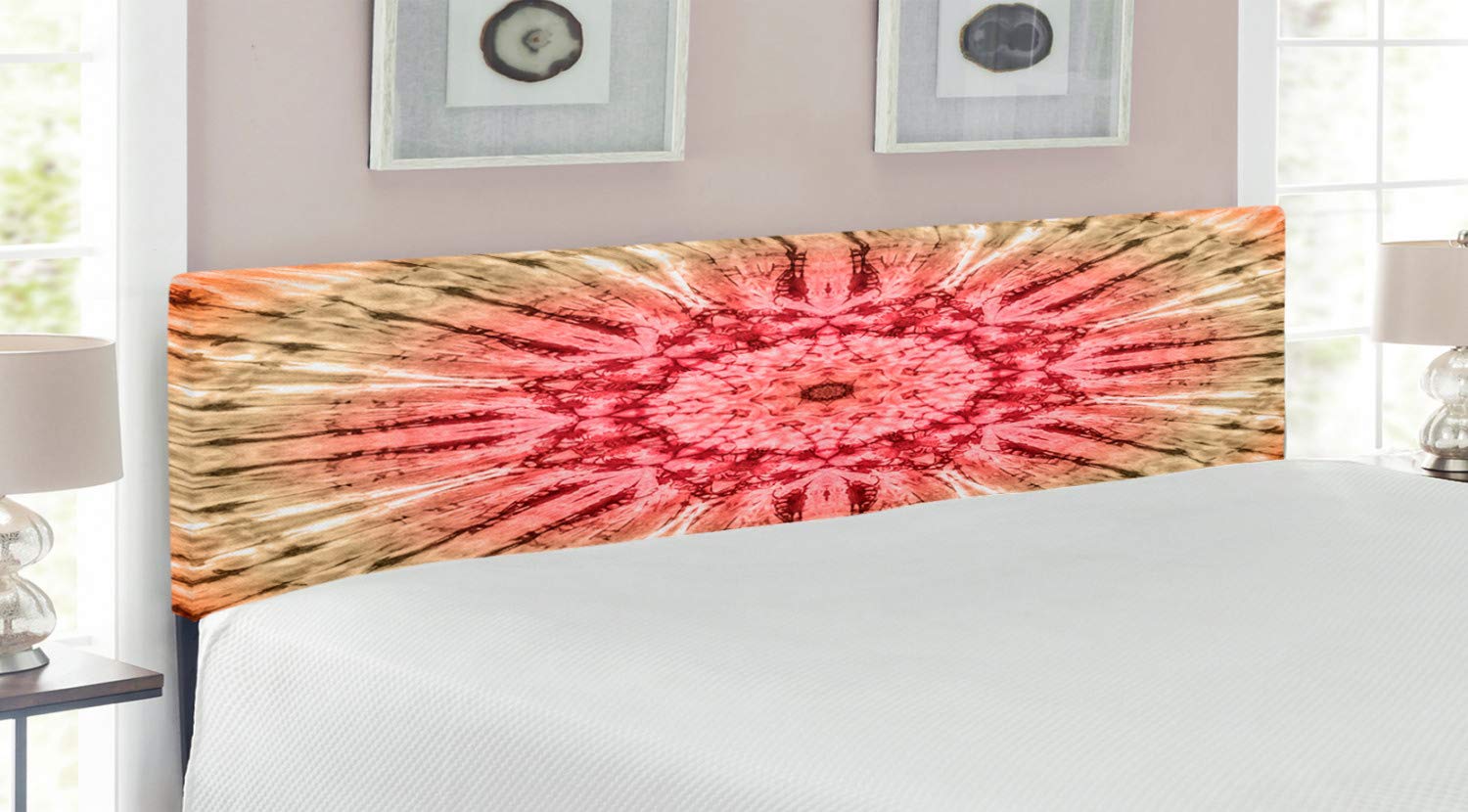 Ambesonne Batik King Size Headboard - Gradient Circle Batik Pattern with Spectral Pleats, Distressed Spots Print, Upholstered Decorative Metal Bed Frame with Memory Foam - Red Brown - Perfect for Master Bedroom, Guest Room & Modern Home Decor