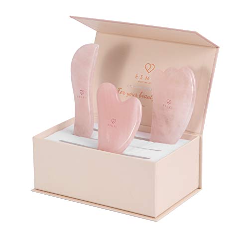 Premium Rose Quartz Gua Sha Facial Tool Set by Esmee | 3-in-1 Natural Crystal Massage Kit for Anti-Aging & Skin Rejuvenation | 100% Authentic Rose Quartz Stone | Perfect for Facial Therapy, Lymphatic Drainage & Self-Care Rituals