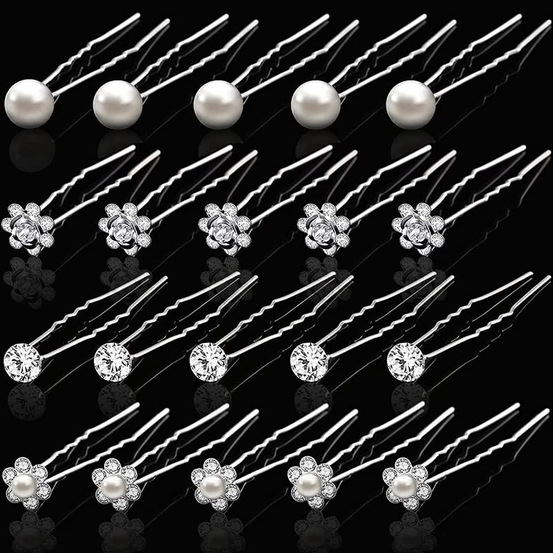 12 Pcs Silver Rhinestone Pearl Wedding Hair Pins for Brides & Bridesmaids - Elegant Bridal Hair Clips for Women & Girls - Perfect for Weddings, Prom, Parties & Special Occasions