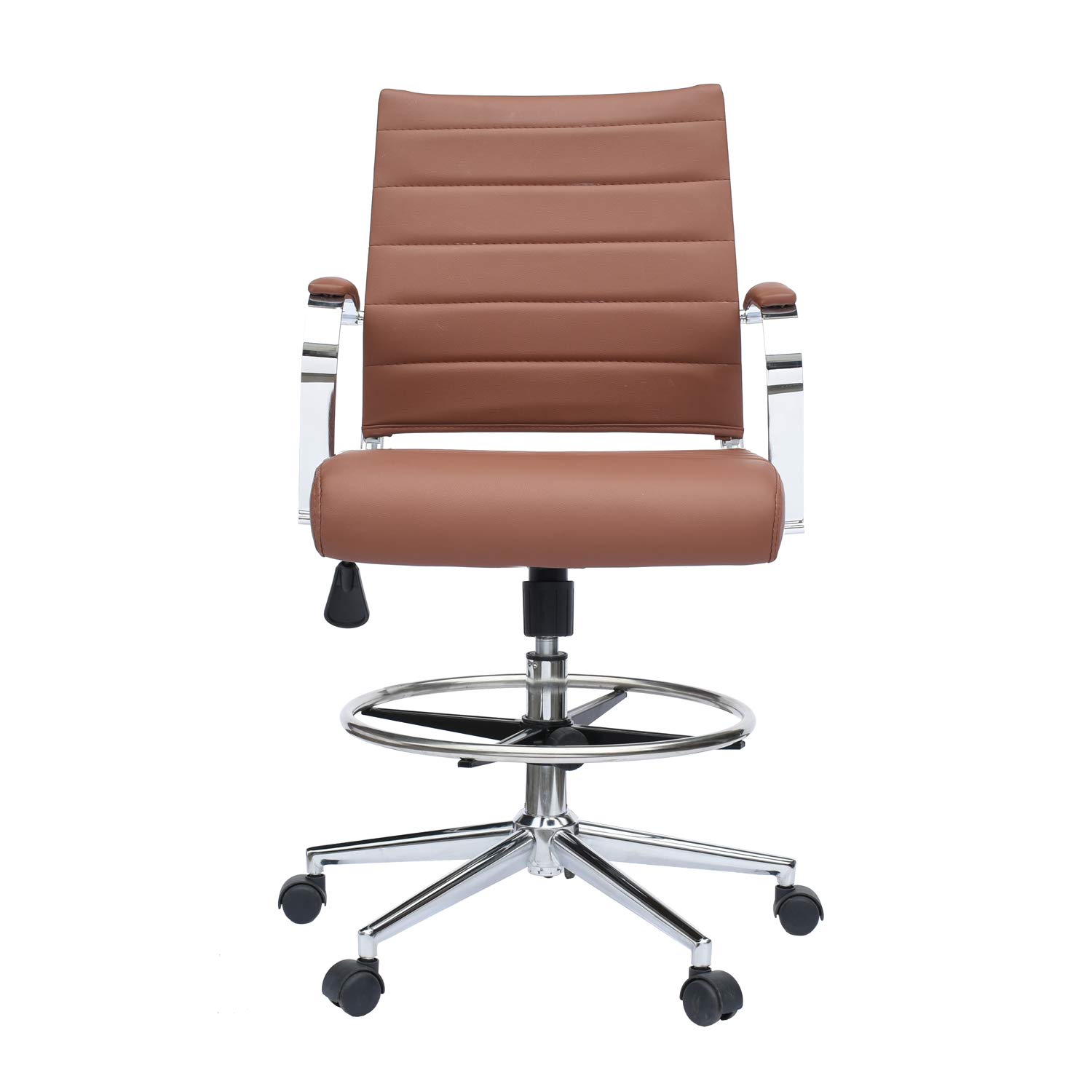 2xhome Modern Adjustable Ergonomic Office Chair - Designer Drafting Chair with Arms & Ribbed Back Support, Brown - Perfect for Home Office, Computer Work & Creative Workspaces