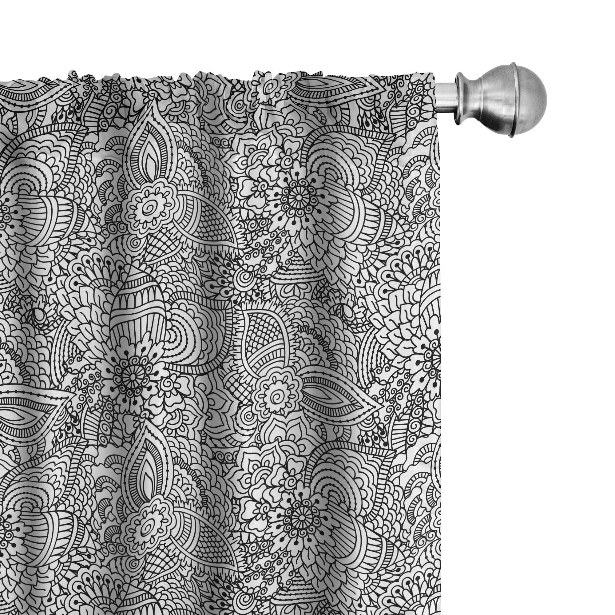 Ambesonne Oriental Window Curtains - Monochrome Cultural Folk Pattern with Intricate Swirls & Leaves, Lightweight 2-Panel Set with Rod Pocket (28