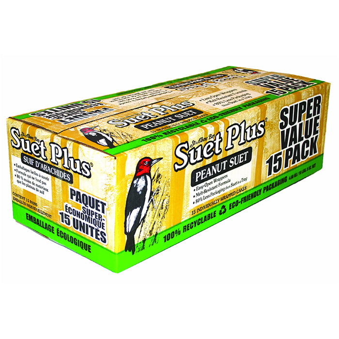 Suet Plus Peanut Suet Cakes for Birds - 15 Pack | High Energy Wild Bird Food for Woodpeckers, Chickadees & Nuthatches | Perfect for Backyard Bird Feeders in Winter