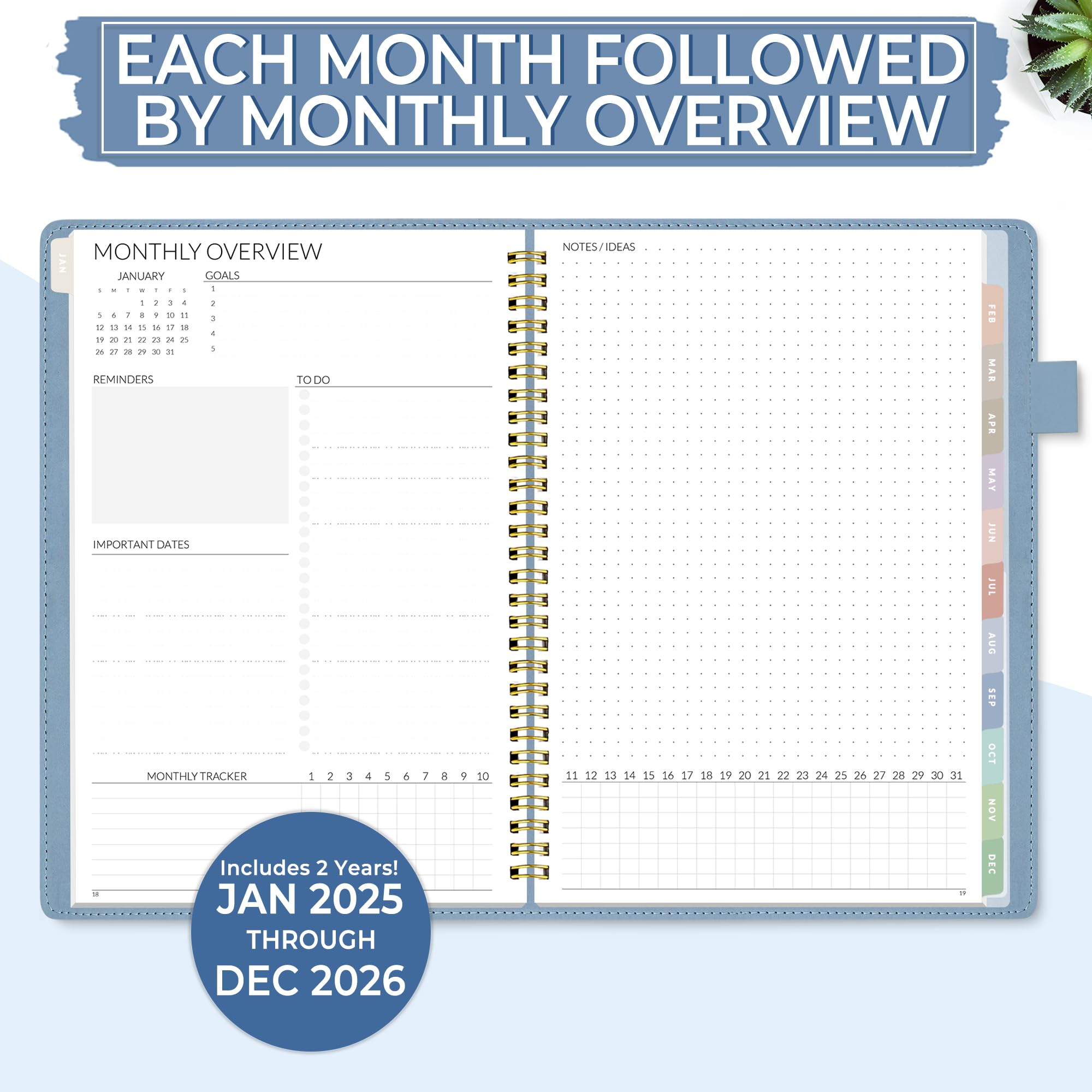 SUNEE 2025-2026 Monthly Planner - 2 Year Calendar (January 2025 to December 2026) - 7.3