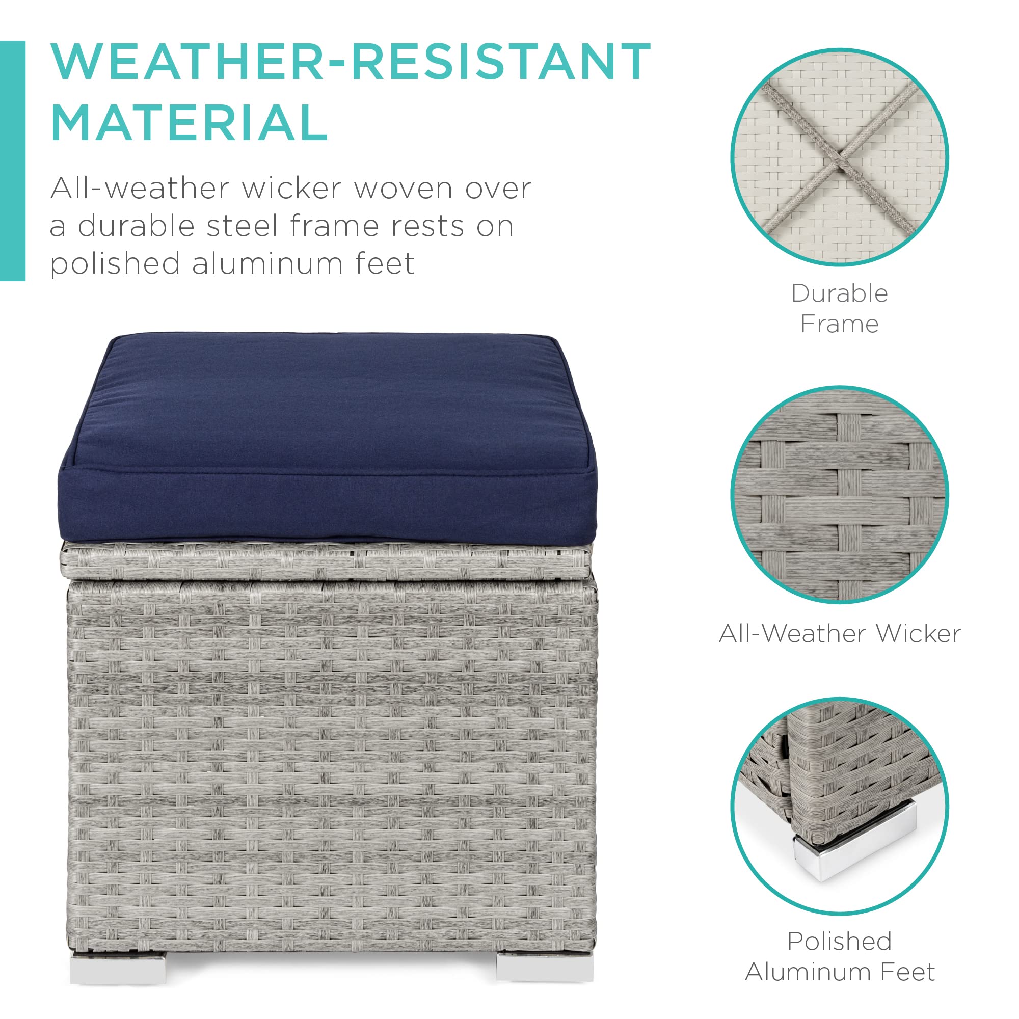 Best Choice Products Set of 2 Wicker Storage Ottomans - Gray/Navy, Multipurpose Outdoor Furniture for Patio, Backyard, Garden | Extra Seating, Footrest, Side Table with Removable Cushions | Perfect for Outdoor Relaxation, Entertaining Guests & Small Space Storage