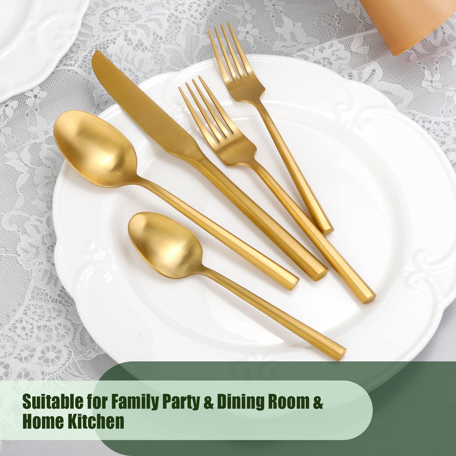 Premium 40-Piece Matte Gold Flatware Set - Stainless Steel Cutlery with Brushed Brass Hexagon Handle - Dishwasher Safe Silverware for 8 - Perfect for Dinner Parties, Weddings & Upscale Dining