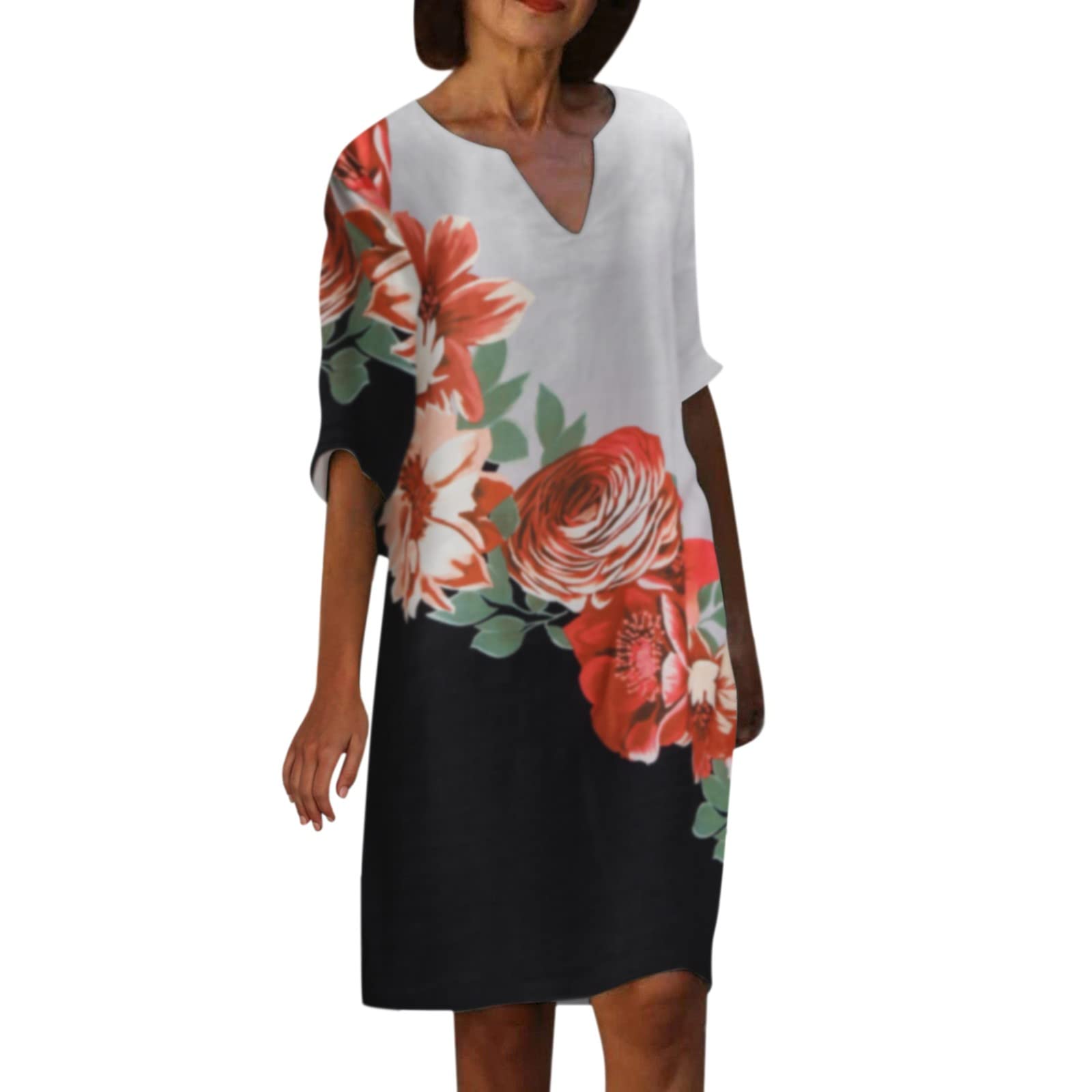 ZYAPCNGN Women's Sexy V-Neck Half Sleeve Printed Knee-Length Sundress - Fashionable Midi Dress in Plain Black for Summer Outings, Beach Vacations & Date Nights