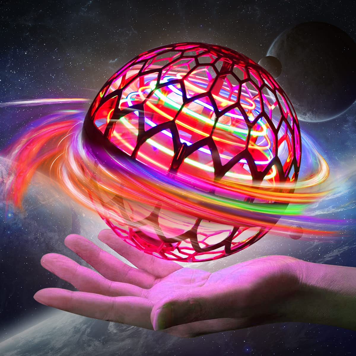 Runtenic LED Flying Orb Ball - Hand Controlled Spinner Drone Toy with 360° Rotating Lights, Rechargeable Boomerang Ball for Kids & Adults (Red) - Perfect for Indoor/Outdoor Play, Parties & Stress Relief