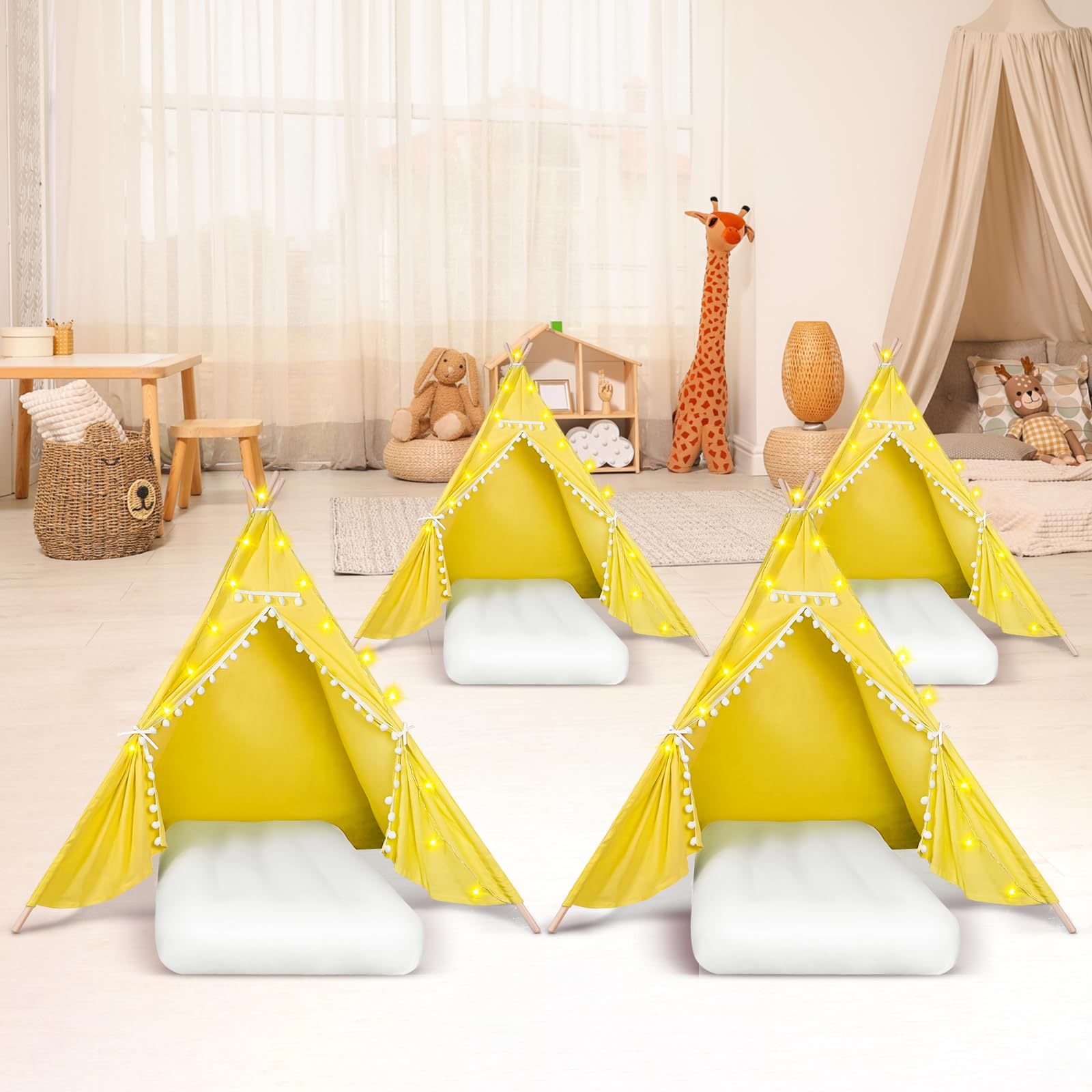 4 Pack Kids Teepee Tent with LED Lights & Inflatable Air Mattress - Play Tents for Boys & Girls, Includes Free Air Pump, Washable for Indoor/Outdoor Use - Perfect for Slumber Parties, Birthday Gifts & Backyard Camping (Yellow)