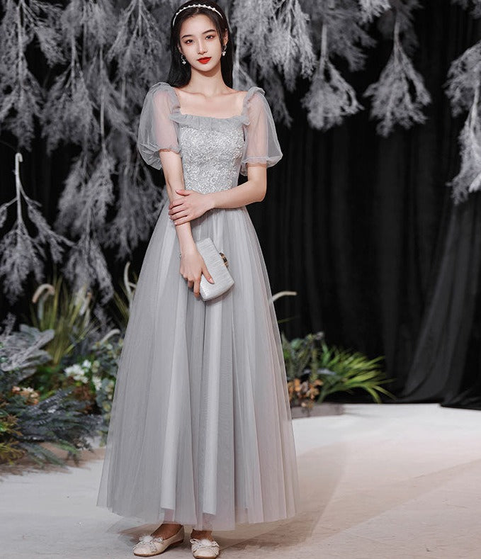 Elegant Gray Tulle Long Prom Dress - A-Line Bridesmaid Gown for Formal Evening & Party Events | Perfect for Weddings, Prom Nights & Special Occasions