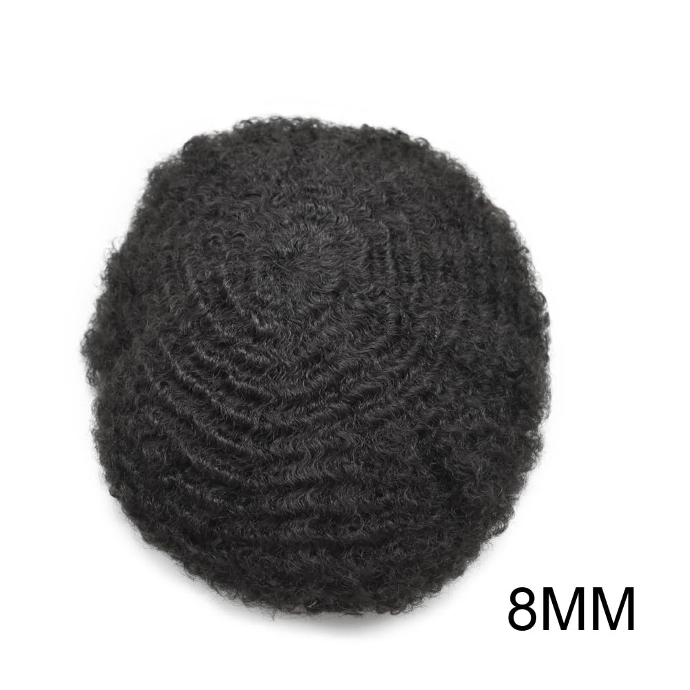 Afro Curly Men's Toupee - 10x8 Full French Lace Wig for Black Men | Kinky Curly Human Hair System | Transparent Lace Hairpiece Replacement (8mm Wave Curl, #1 Jet Black) - Perfect for Daily Wear, Special Occasions & Hair Loss Solutions