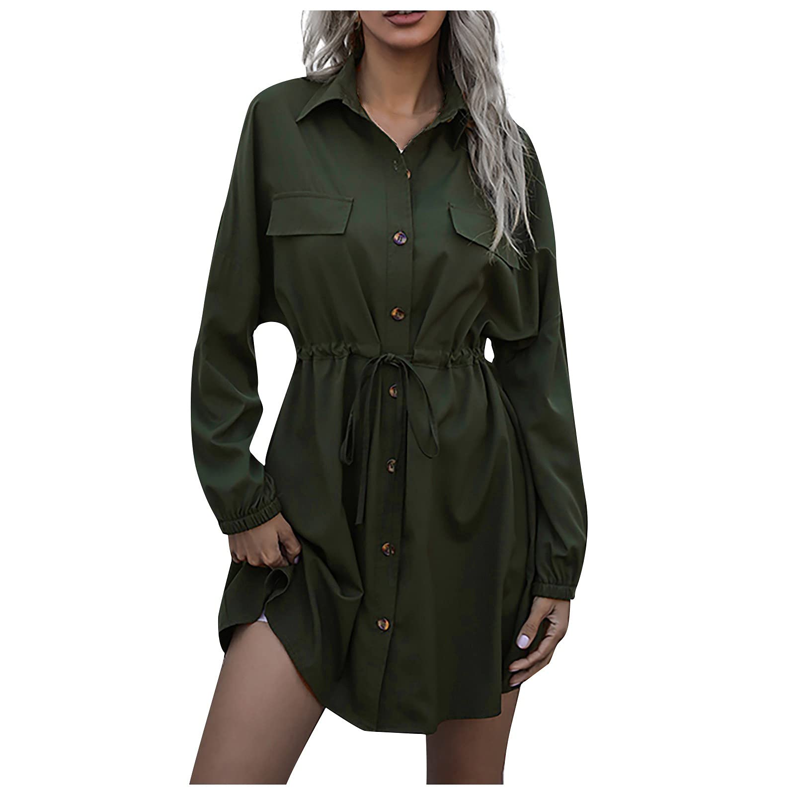 Women's Long Sleeve Lapel Double Drawstring Waist Midi Dress - Solid Black Casual & Office Wear for Everyday Elegance