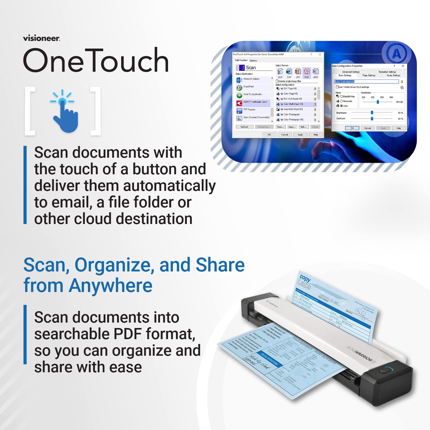 Visioneer RoadWarrior 3 Portable Document Scanner for PC & Mac - USB Powered Travel Scanner for Business, Home Office & On-the-Go Document Digitizing