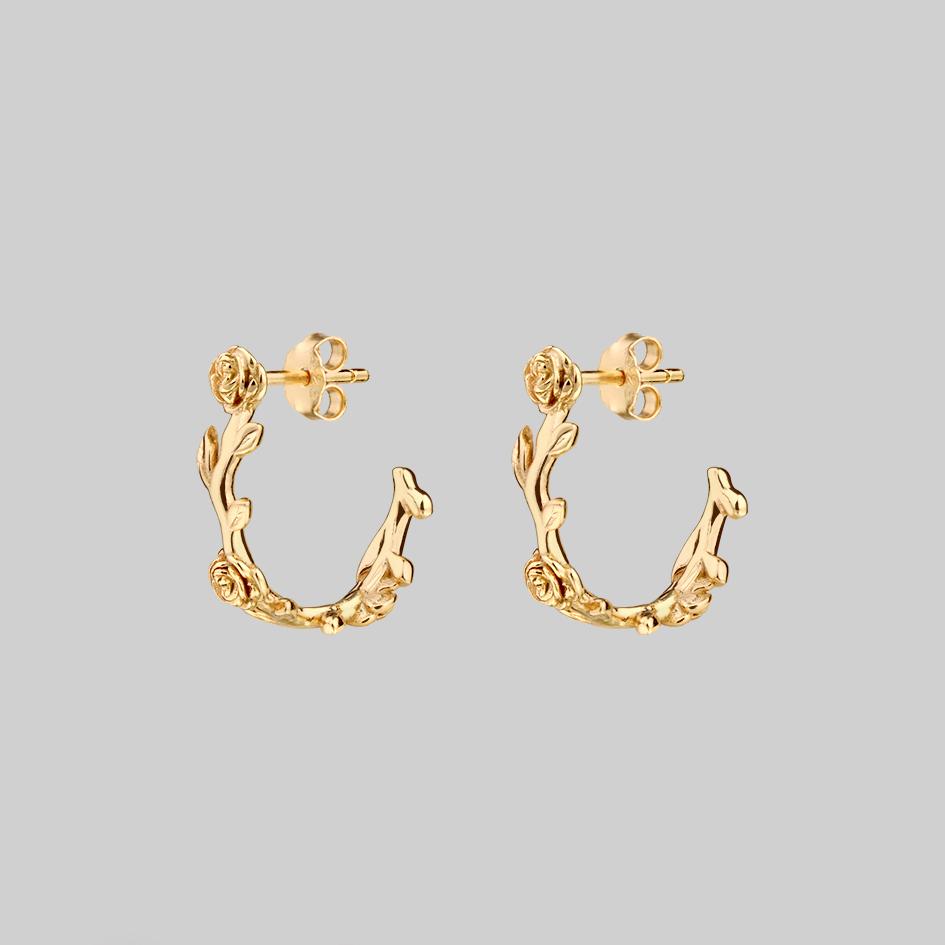 SARAH Rose Foliage Hoop Earrings in Gold - Elegant Floral Statement Jewelry for Women, Perfect for Weddings, Parties & Everyday Wear