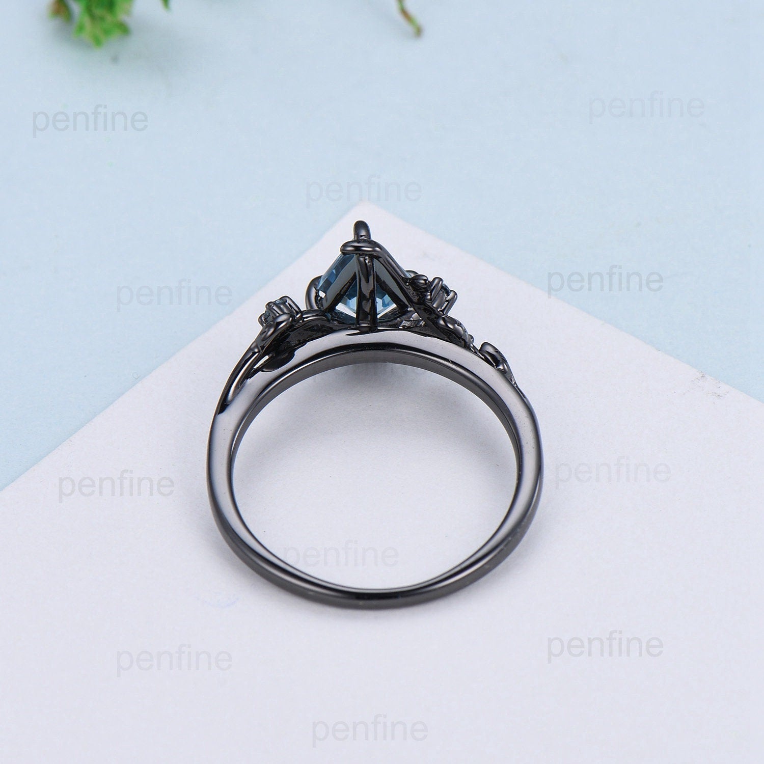 1 Carat Black Gold Lab-Created Paraiba Tourmaline Vintage Kite Cut Ring - Natural Inspired Leaf Vine Design - London Blue Topaz Engagement Ring - Perfect Wedding Anniversary Gift for Her - Ideal for Proposals, Bridal Jewelry & Special Occasions