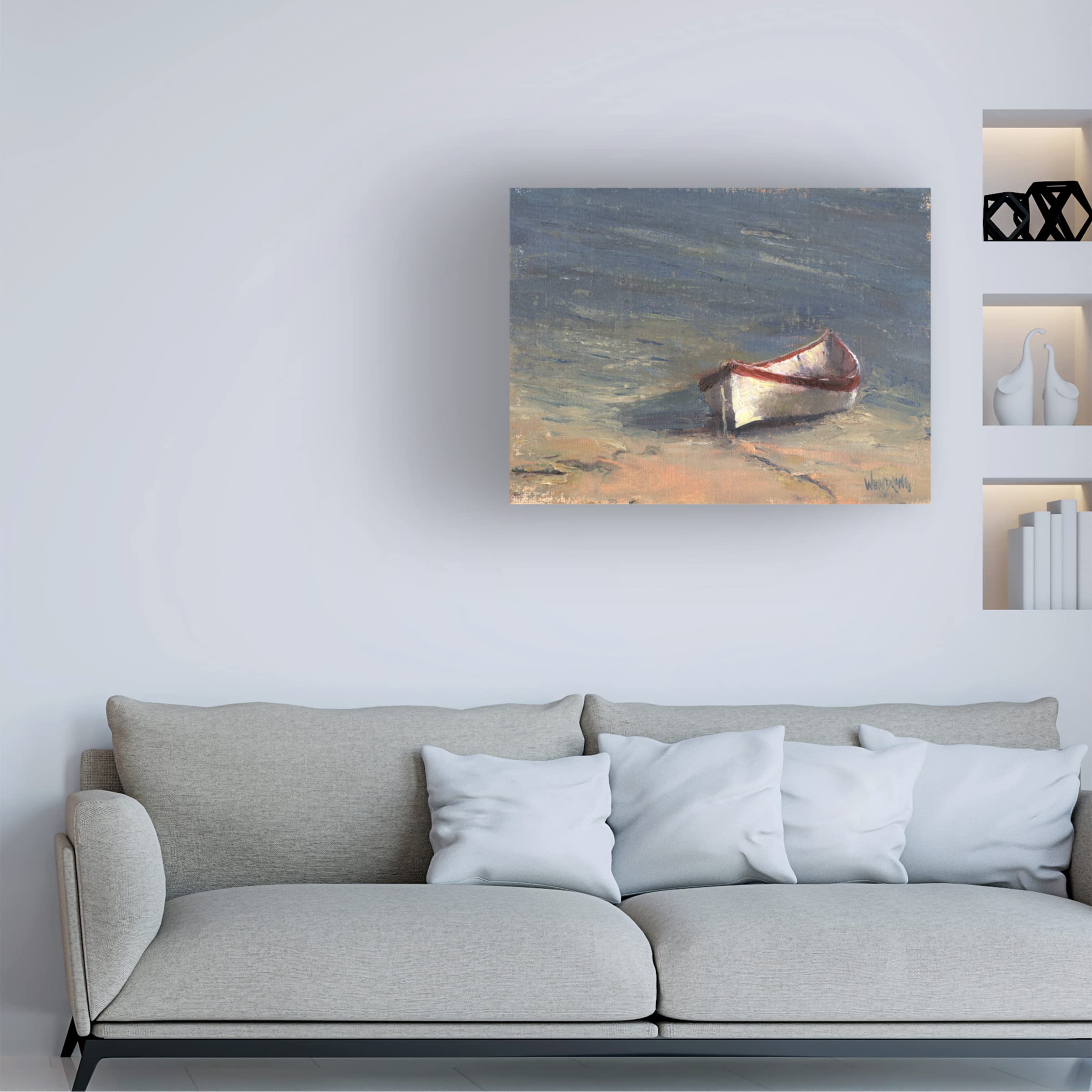 Trademark Fine Art 'Beached Boat I' Canvas Wall Art Print by Marilyn Wendling - Coastal Beach House Decor, Nautical Living Room Painting, Ocean Themed Bedroom Wall Art