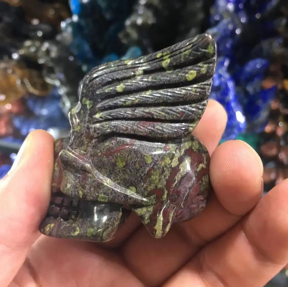 Natural Dragon Blood Stone Crystal Skull - Handcrafted Winged Skull Decor for Home, Office & Meditation - Unique Spiritual Healing Crystal Collection for Gifts & Feng Shui