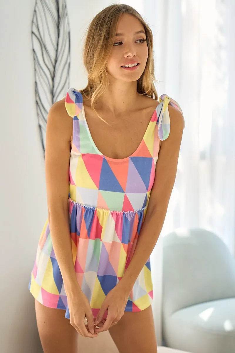 BiBi Women's Multi-Color Block Brushed Tied Ribbon Shoulder Top | Casual Summer Blouse for Date Night & Beach Outings
