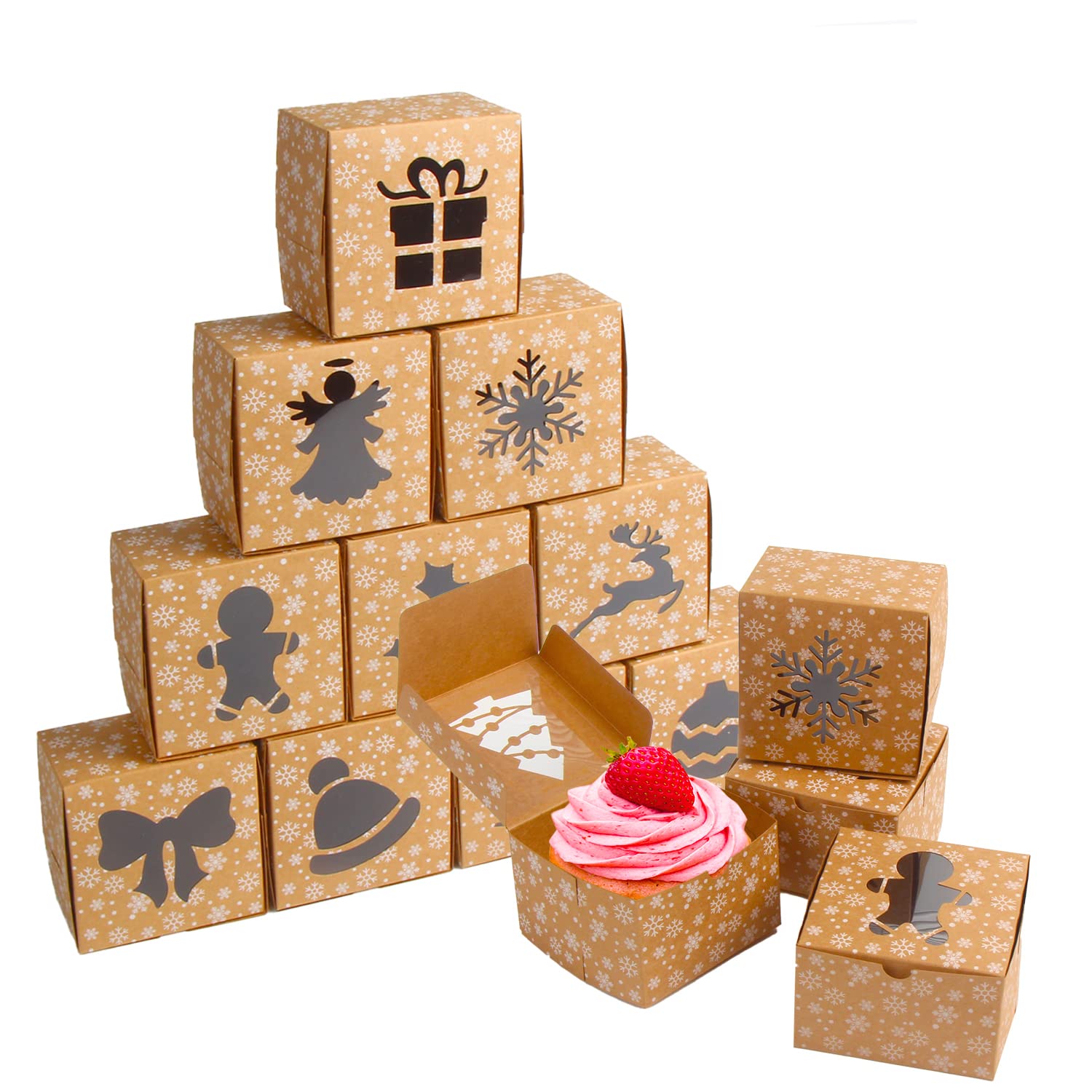 Christmas Bakery Boxes with PVC Window - 24PCS Kraft Gift Packaging for Cookies & Brownies