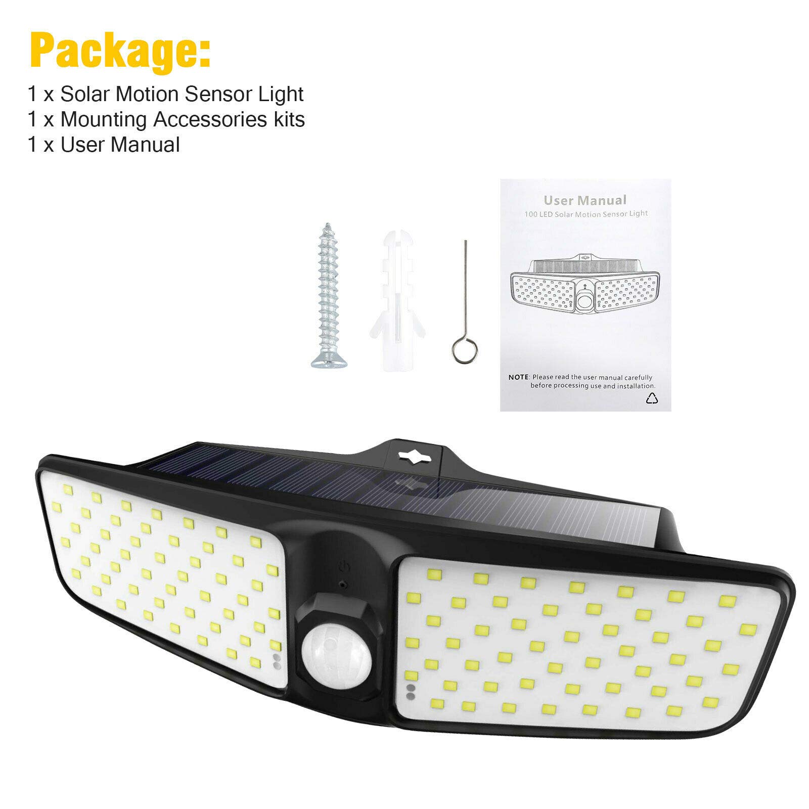Premium 100 LED Solar Security Wall Light - Waterproof Outdoor Motion Sensor Light for Garden, Patio, and Driveway Safety