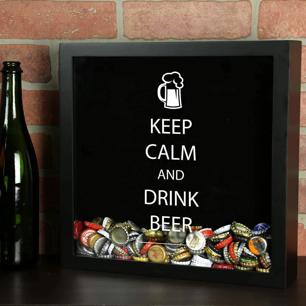 Torched Keep Calm Drink Beer Cap Shadow Box - Wall Mounted Display Case Frame for Beer Bottle Caps - Perfect Gift for Beer Lovers & Collectors - Ideal for Man Cave, Bar Decor & Home Brewery Display