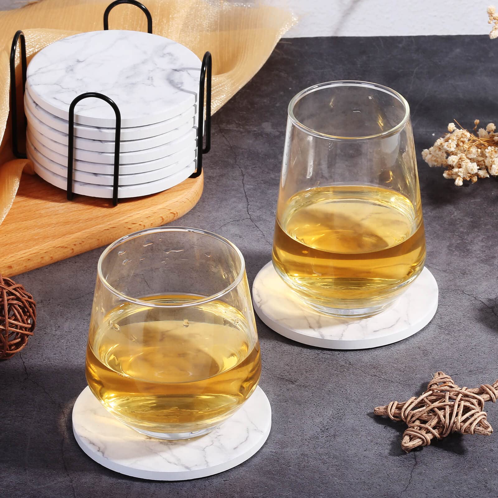 Billbotk 9-Piece Marble Style Ceramic Coaster Set with Holder - Absorbent Drink Coasters for Coffee Table, Wooden Table - 4 Inch Round Coasters for Coffee Mugs, Wine Glasses, Beverage Cups - Perfect for Home, Office, Party Use