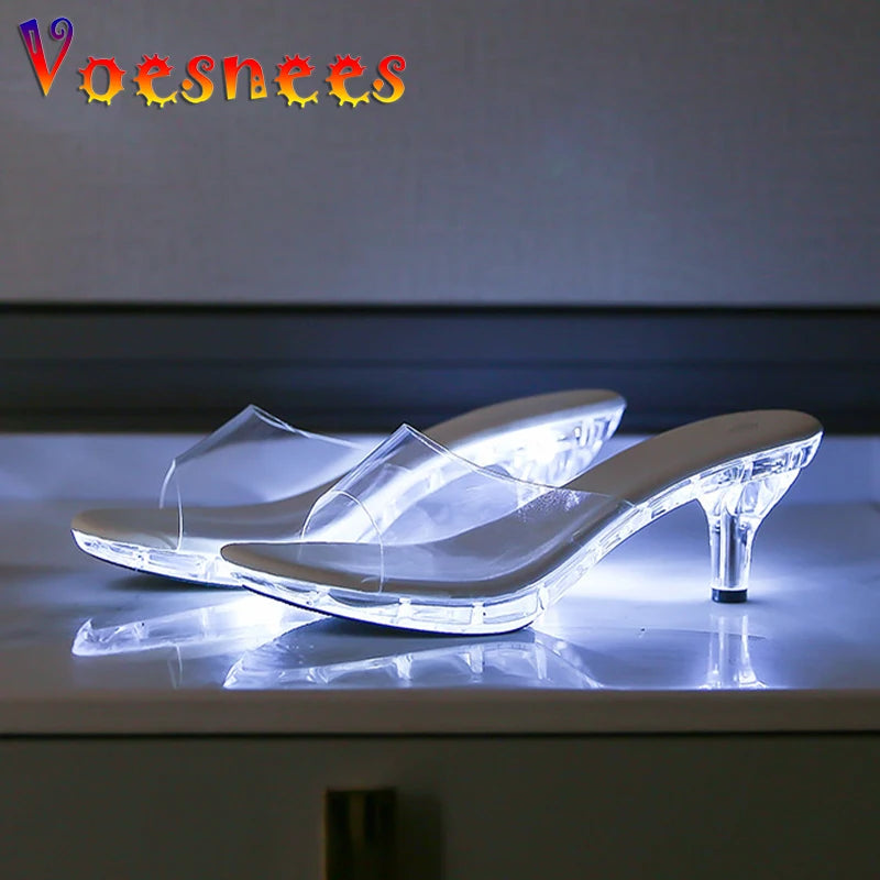 6CM Women's LED Light Up Kitten Heel Sandals - Transparent Crystal Clear Heels for Nightclub, Party, Beach & Car Model Fashion (Shining High Heel Slippers) - Perfect for Evening Events, Dancing & Summer Outings