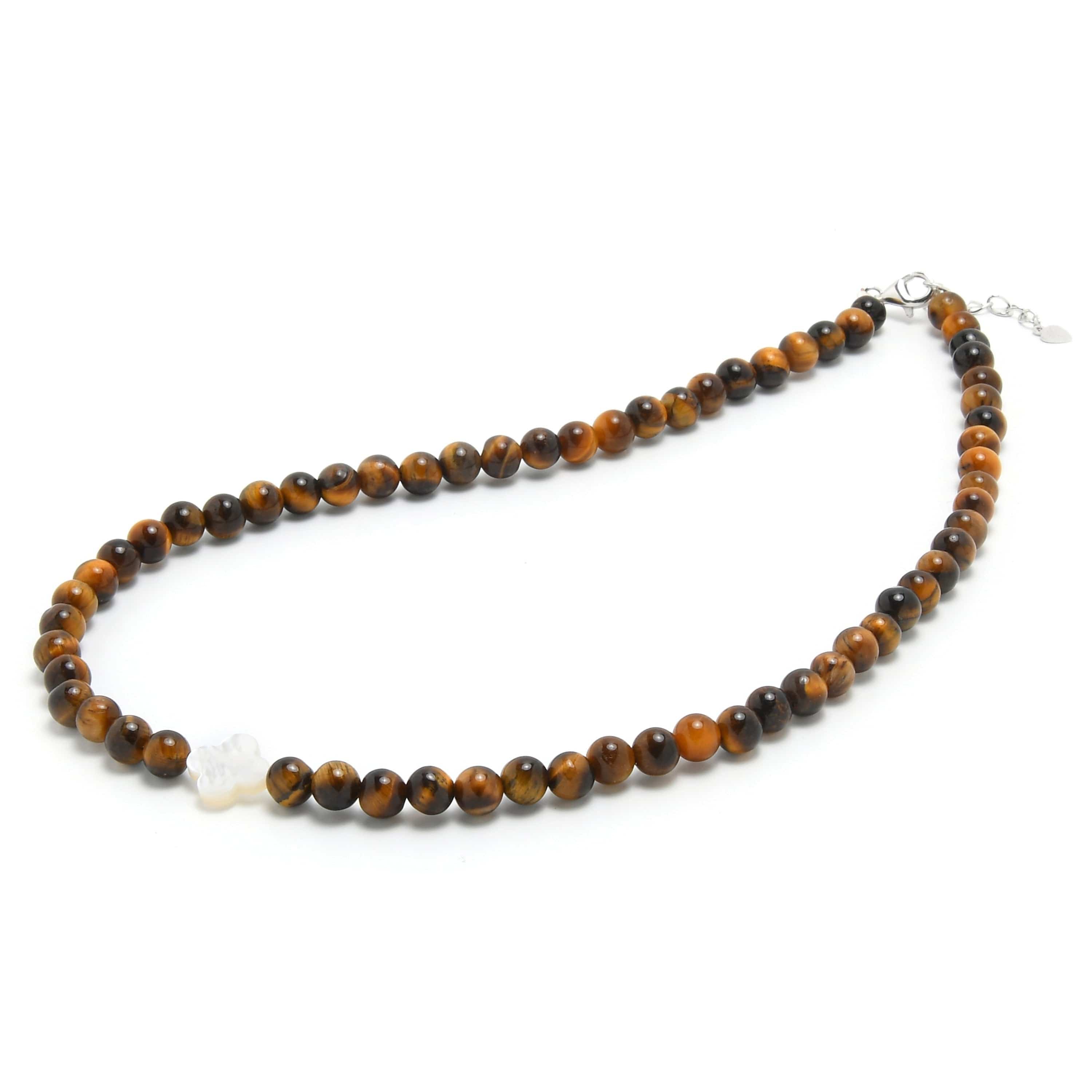 6mm Tiger Eye Beaded Necklace with Mother of Pearl Clover Pendant - Natural Stone Jewelry for Women, Men | Spiritual Healing, Meditation & Everyday Wear