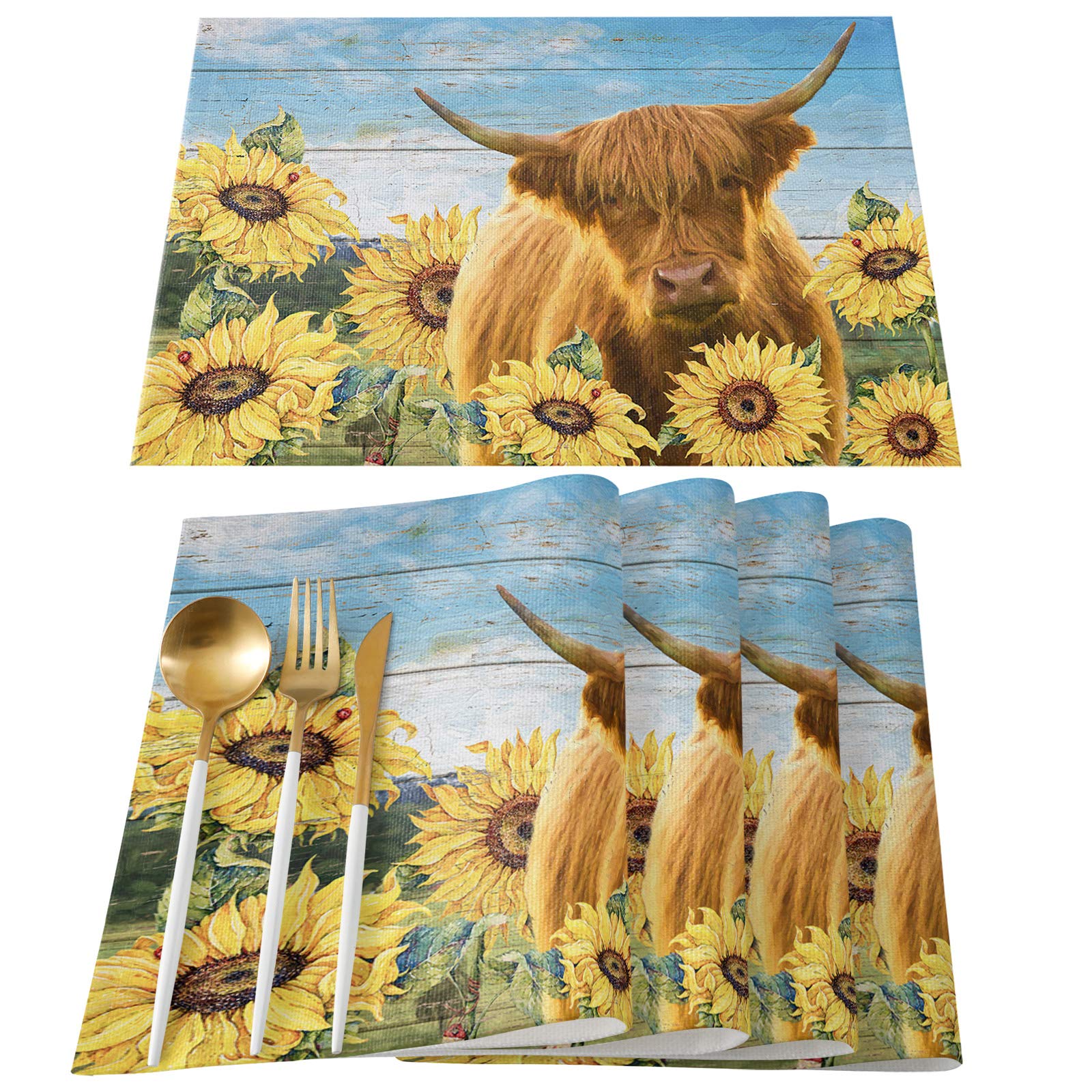 Farmhouse Cotton Linen Placemats Set of 4 - Non-Slip Heat Resistant Table Mats for Dining & Kitchen - Washable Decorative Placemats with Highland Cattle and Sunflower Design - Perfect for Farmhouse Decor, Dinner Parties, and Holiday Gatherings