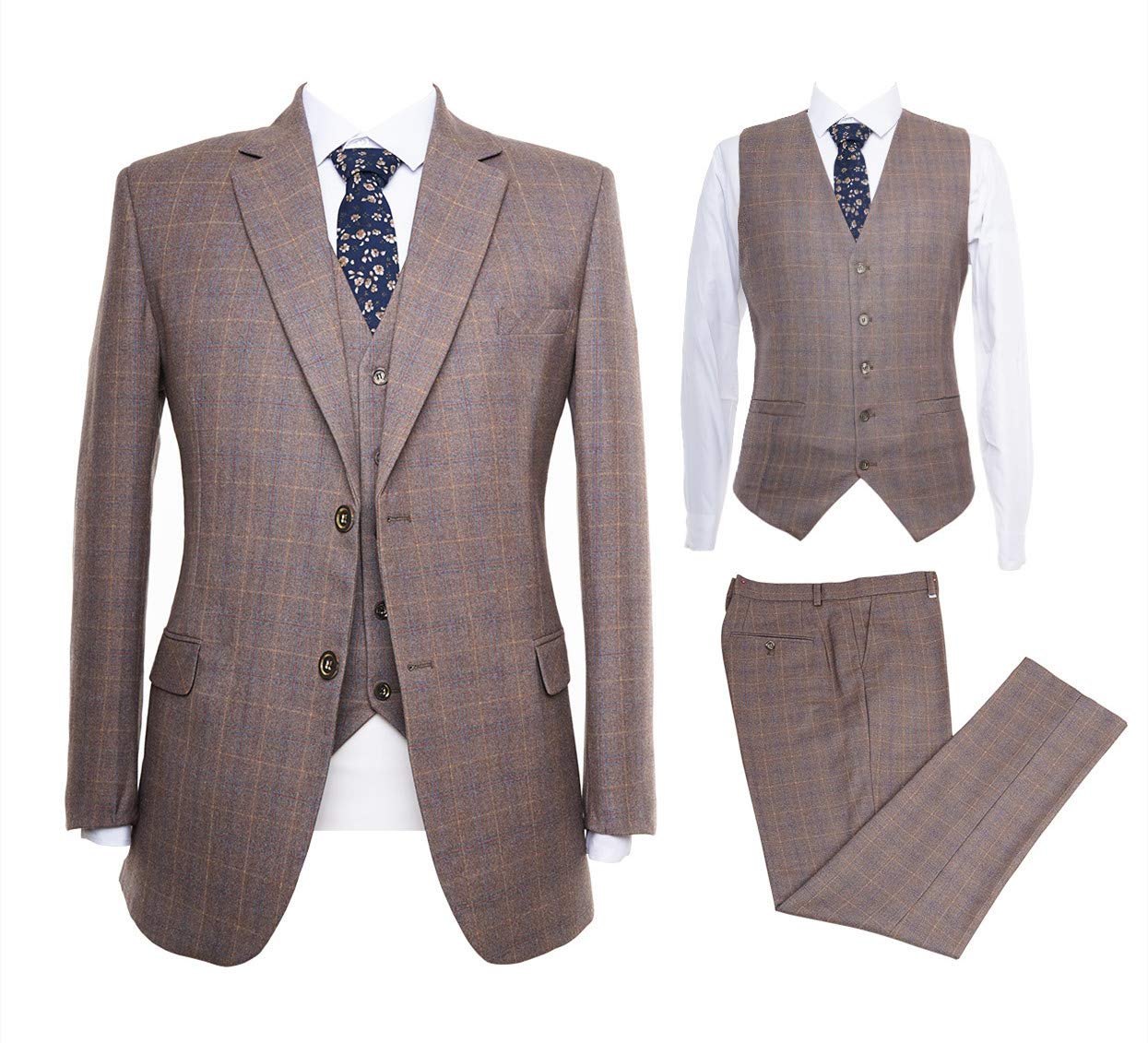 Men's Slim Fit Vintage 3-Piece Tweed Wool Suit - Light Brown Plaid Check Tuxedo for Weddings, Parties & Formal Events