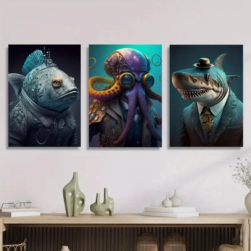 3-Piece Steampunk Octopus, Dolphin & Fish in Suits Metal Wall Art - Ready to Hang Home Decor for Living Room, Office & Bedroom