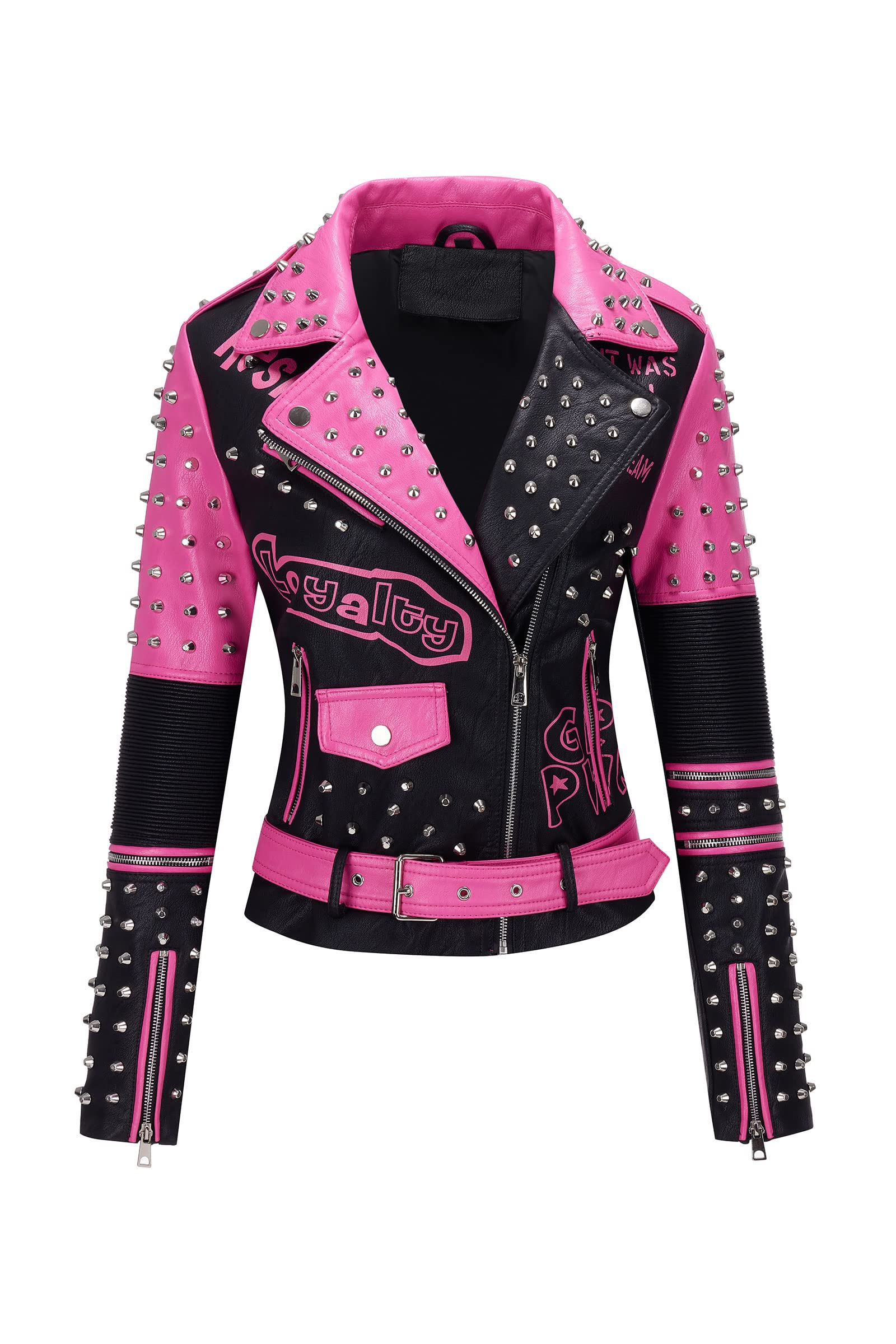 RISISSIDA Women's Faux Leather Jacket with Studs & Rivets - Trendy Moto Biker Jacket for Spring, Fall & Winter - Streetwear Fashion with Belt - Perfect for Casual Outings, Nightlife & Urban Style