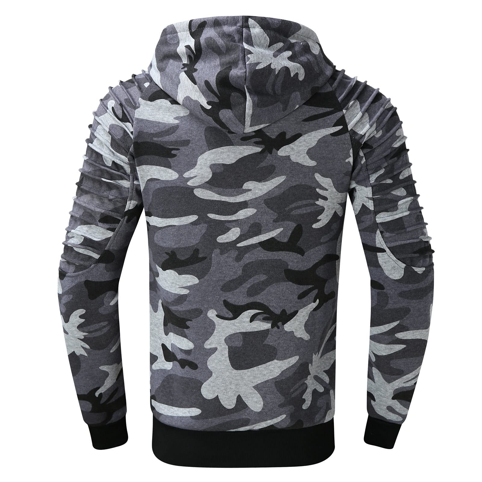 **Men's Raglan Hooded Blouse with Camouflage Sleeves & Striped Pleated Design - Casual Shirt for Streetwear, Layering & Outdoor Activities**