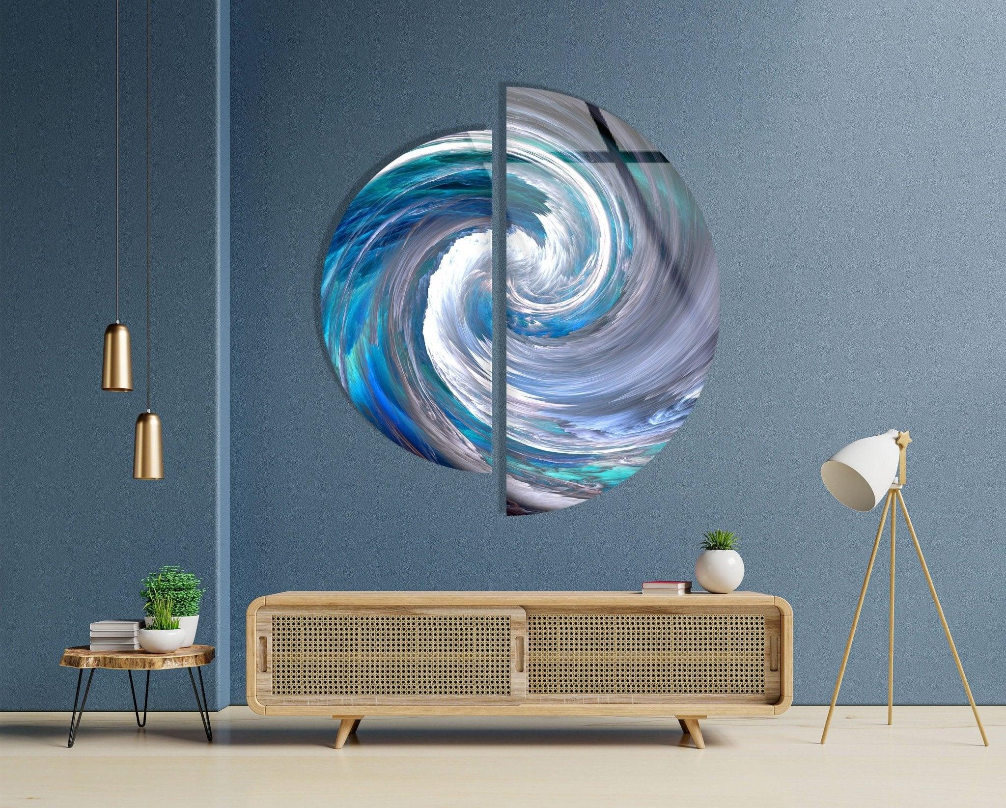 2 Piece Blue Abstract Glass Wall Art Set - Modern Home Decor for Living Room, Bedroom & Office - Handmade Glass Painting for Unique Interior Design