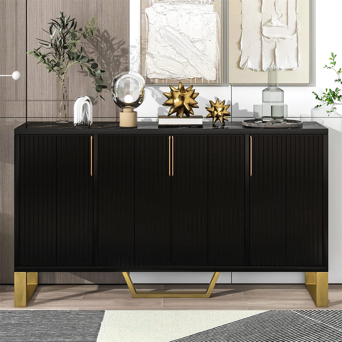 Modern 4-Door Mid Century Storage Cabinet with Metal Handles & Legs - Adjustable Shelves Kitchen & Living Room Sideboard - Black | Perfect for Dining Room, Hallway & Home Office Organization