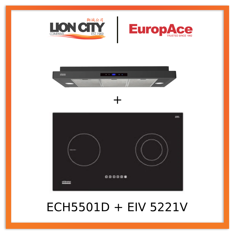 Europace ECH5501DBK 90cm Slimline Range Hood & EIV5221V 75cm Built-In Induction Cooktop Combo - Perfect for Modern Kitchen Ventilation and Efficient Cooking