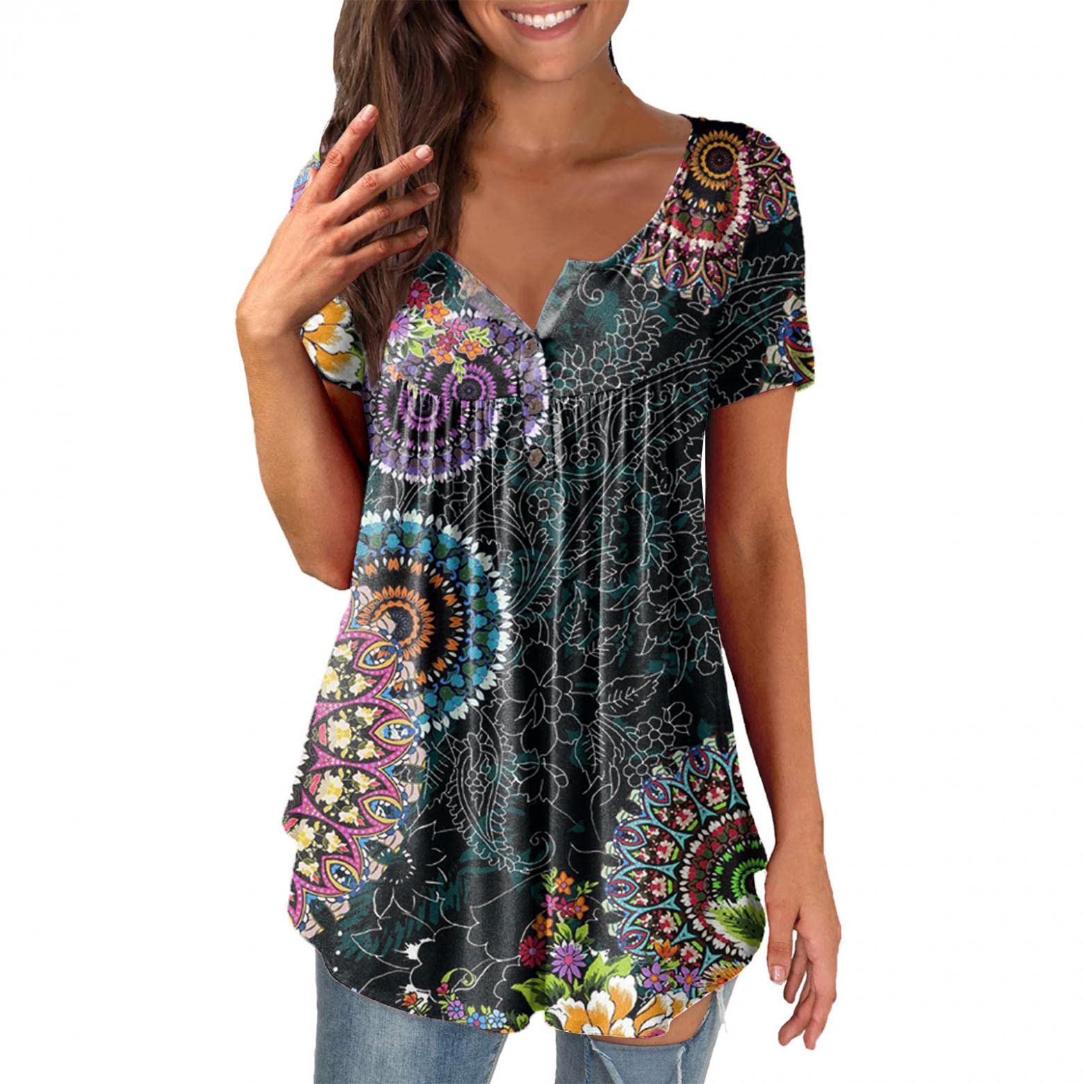 Plus Size Floral Print Henley Tunic Top for Women - V-Neck Loose Fit Flowy Blouse with Button Detail & Ruching - Perfect for Summer Outfits, Casual Wear and Office Attire