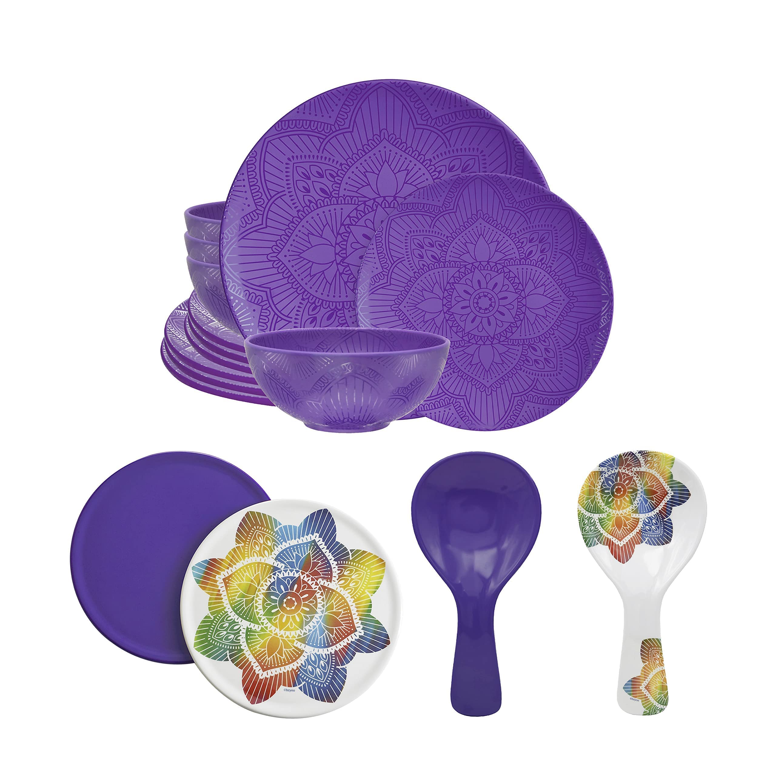 Bzyoo La La Mandala Purple 12-Piece Melamine Dinnerware Set - BPA-Free, Dishwasher Safe Plates & Bowls with 2 Spoon Rests & 2 Trivets - Perfect for Outdoor Dining, Picnics, and Everyday Use