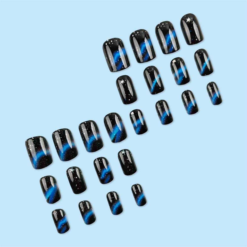 Black Short Square Press on Nails - Blue Ombre Starry Sky Design Acrylic Fake Nails with Glossy Finish | 24PCS Full Cover Glue on Nails for Women & Girls | Perfect for Parties, Weddings, and Daily Wear