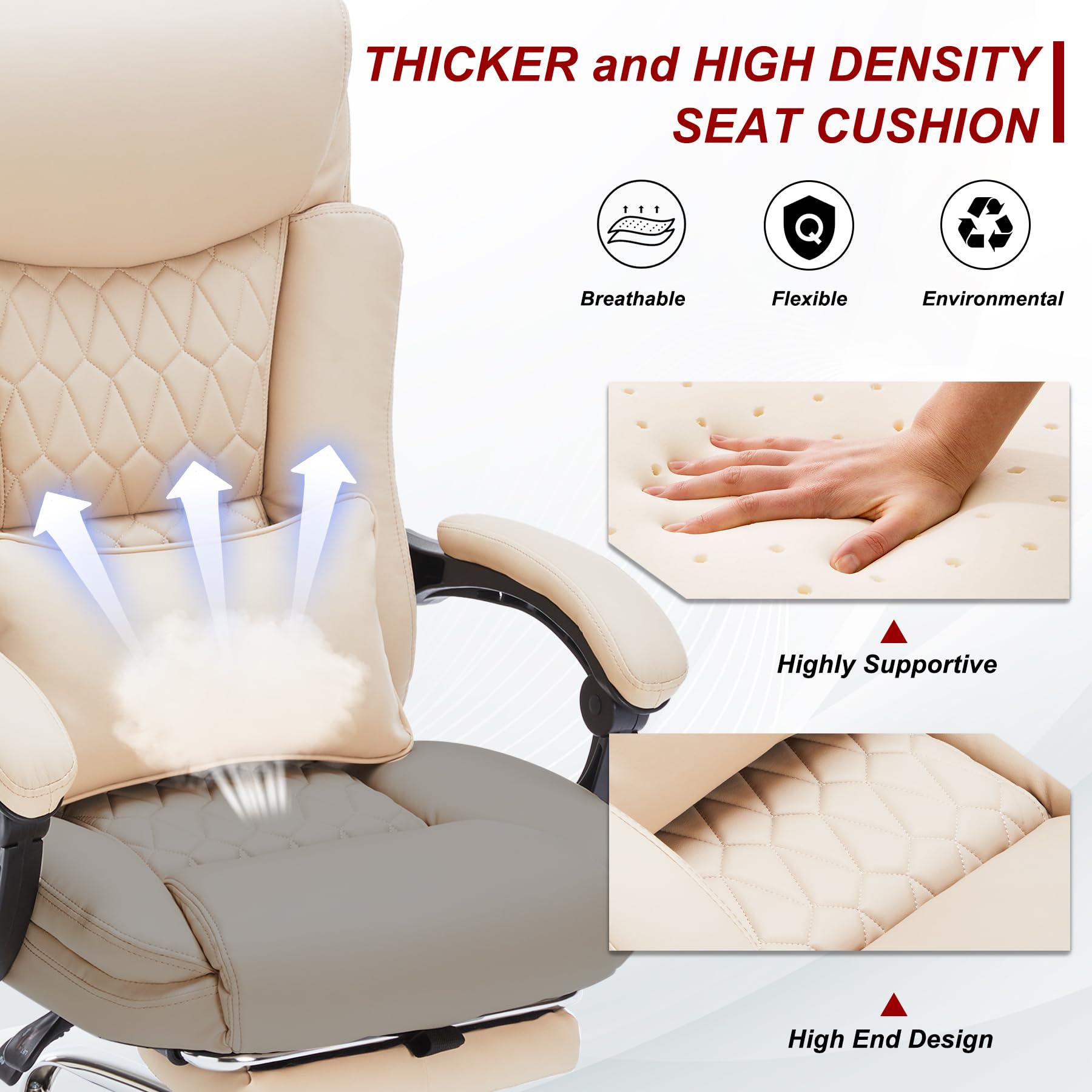 400lbs Heavy Duty Executive Office Chair with Footrest - Big & Tall Ergonomic Reclining Chair for Home Office - Comfortable Desk Chair for Heavy People (Khaki) - Perfect for Long Work Hours & Back Support