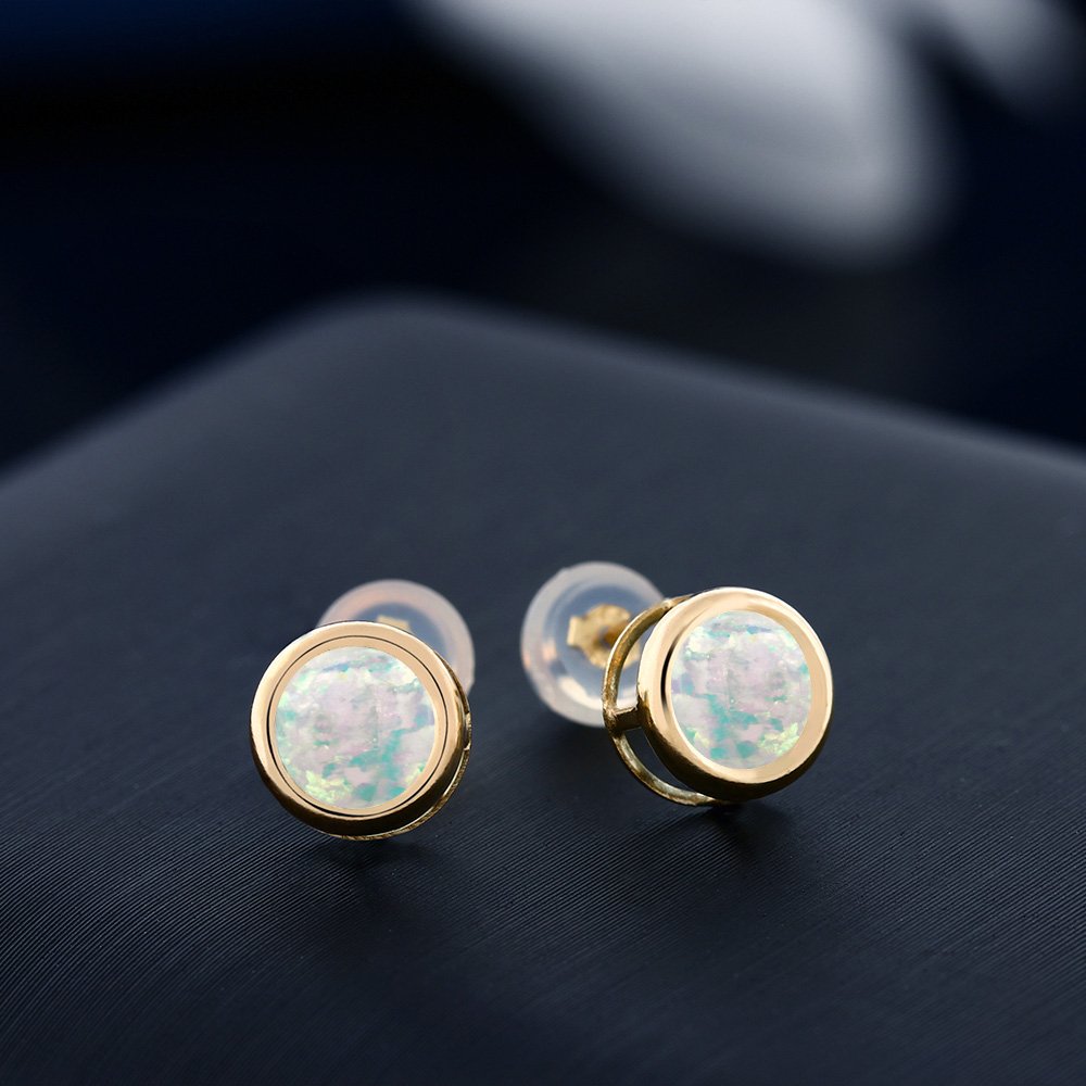 1.30 Ct Round White Simulated Opal 14K Yellow Gold Stud Earrings for Women & Men – Gem Stone King | 6mm Cabochon | Elegant Jewelry for Parties, Weddings & Everyday Wear