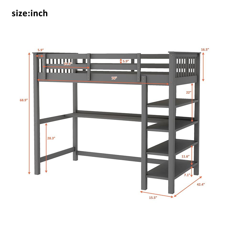 **Pinewood Loft Bed with Built-In Desk & Storage Shelves for Kids & Teens - Twin Size Bed Frame with Guardrails, Under-Bed Workstation - Perfect for Small Bedrooms, Study Spaces & Dorm Rooms (Gray)**
